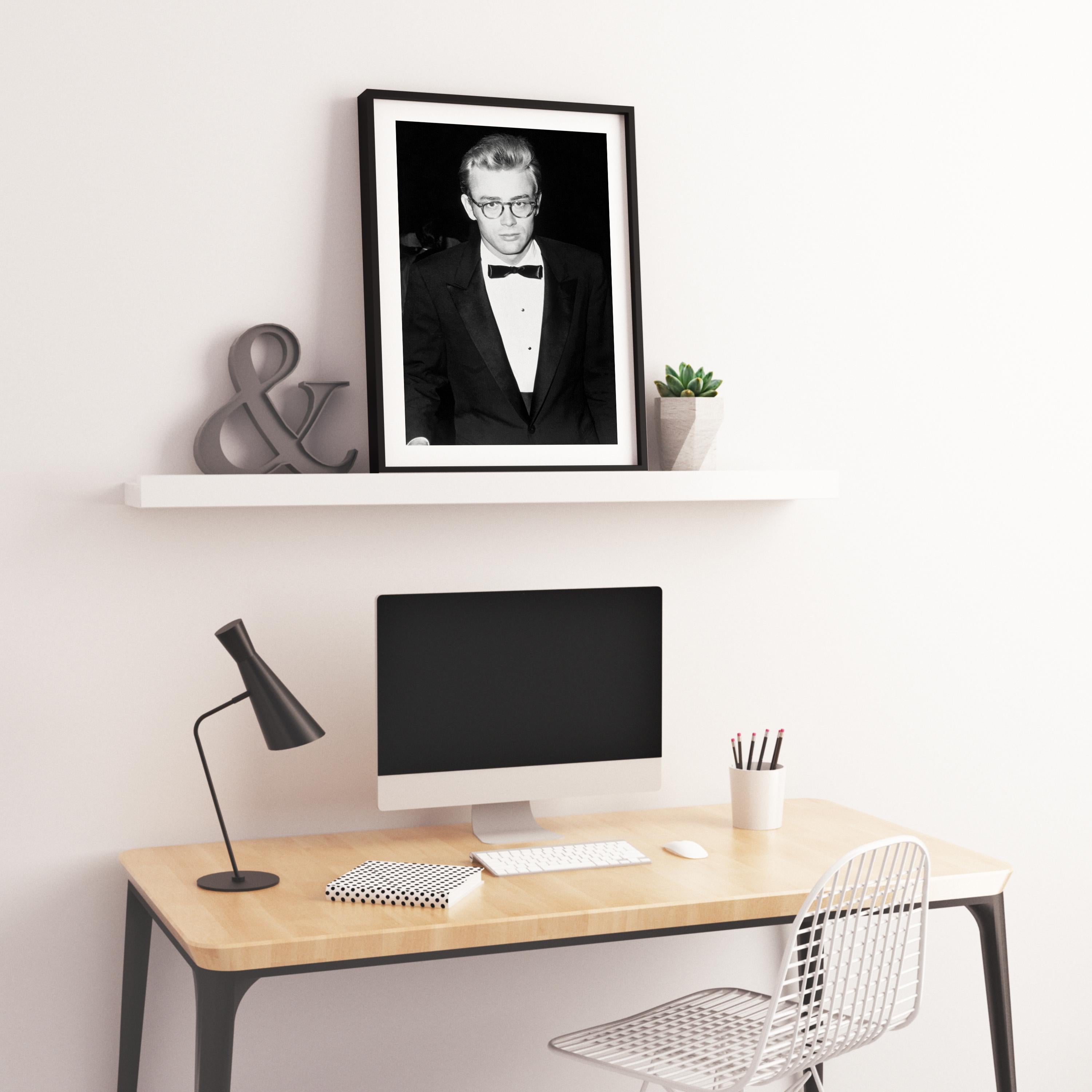 James Dean Candid in Tuxedo Globe Photos Fine Art Print - Black Black and White Photograph by Unknown
