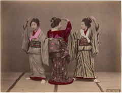 Antique Japan – Three dancing geisha apprentices – Hand-colored Meiji Period photograph