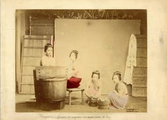 Antique Japanese Bath House - Ancient Hand-Colored Albumen Print 1870/1890