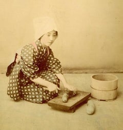 Japanese Woman Cooking by Shin E Do - Hand-Colored Albumen Print 1870/1890