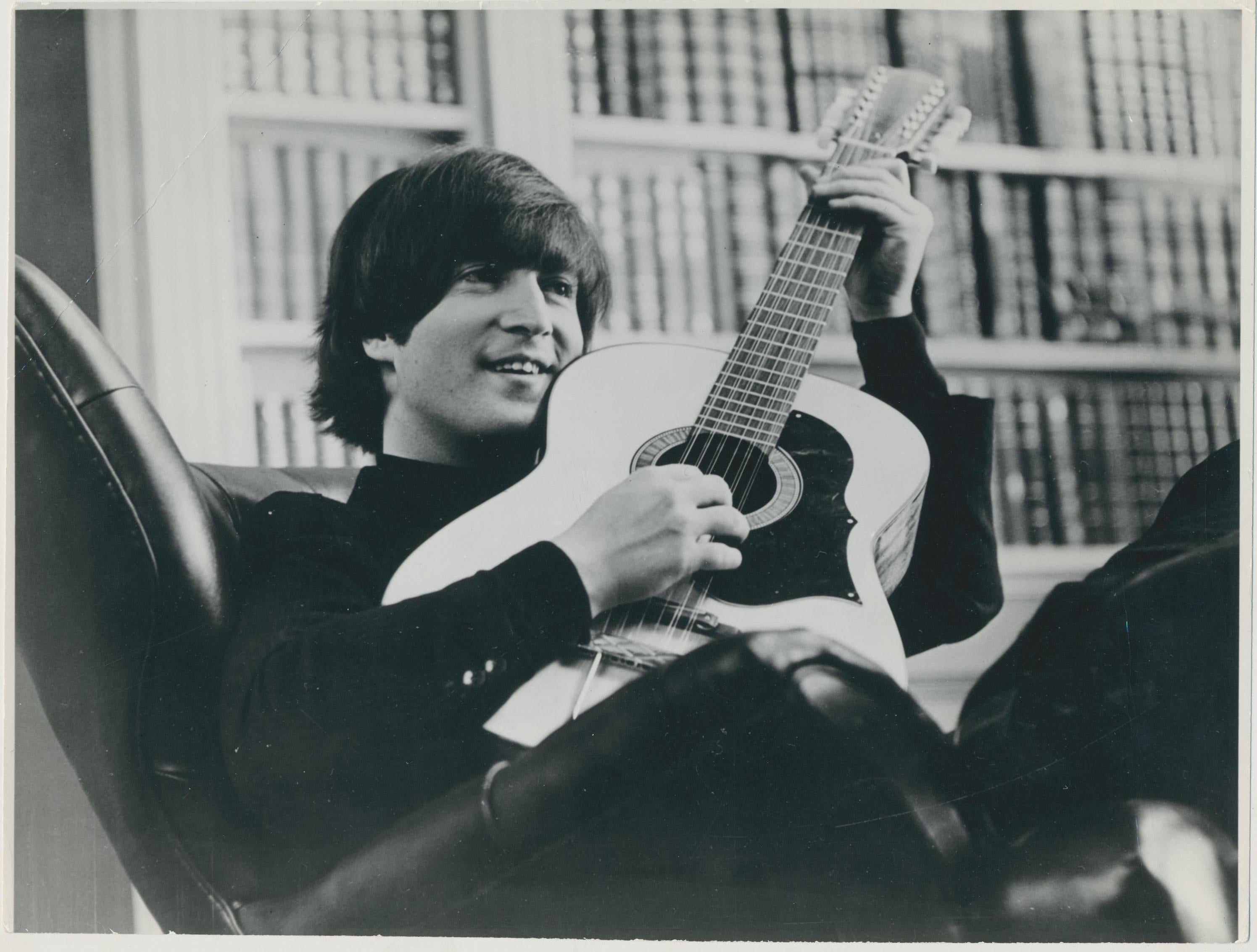 Unknown Portrait Photograph - John Lennon, Guitar, Black and White Photography, 1970s, 18, 9 x 25, 1 cm
