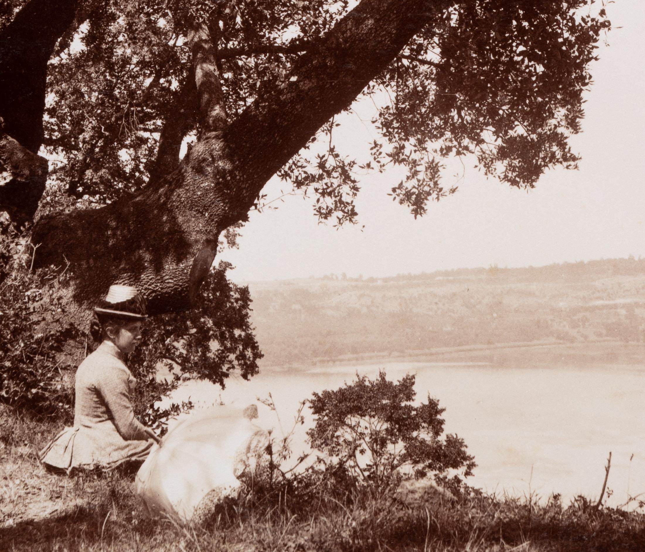 Domenico Anderson (1854 Rom - 1938 ibid.): View over Lake Albano with woman with parasol resting looking at the lake, c. 1880, albumen paper print

Technique: albumen paper print, mounted on Cardboard

Date: c. 1880

Description: Original photograph