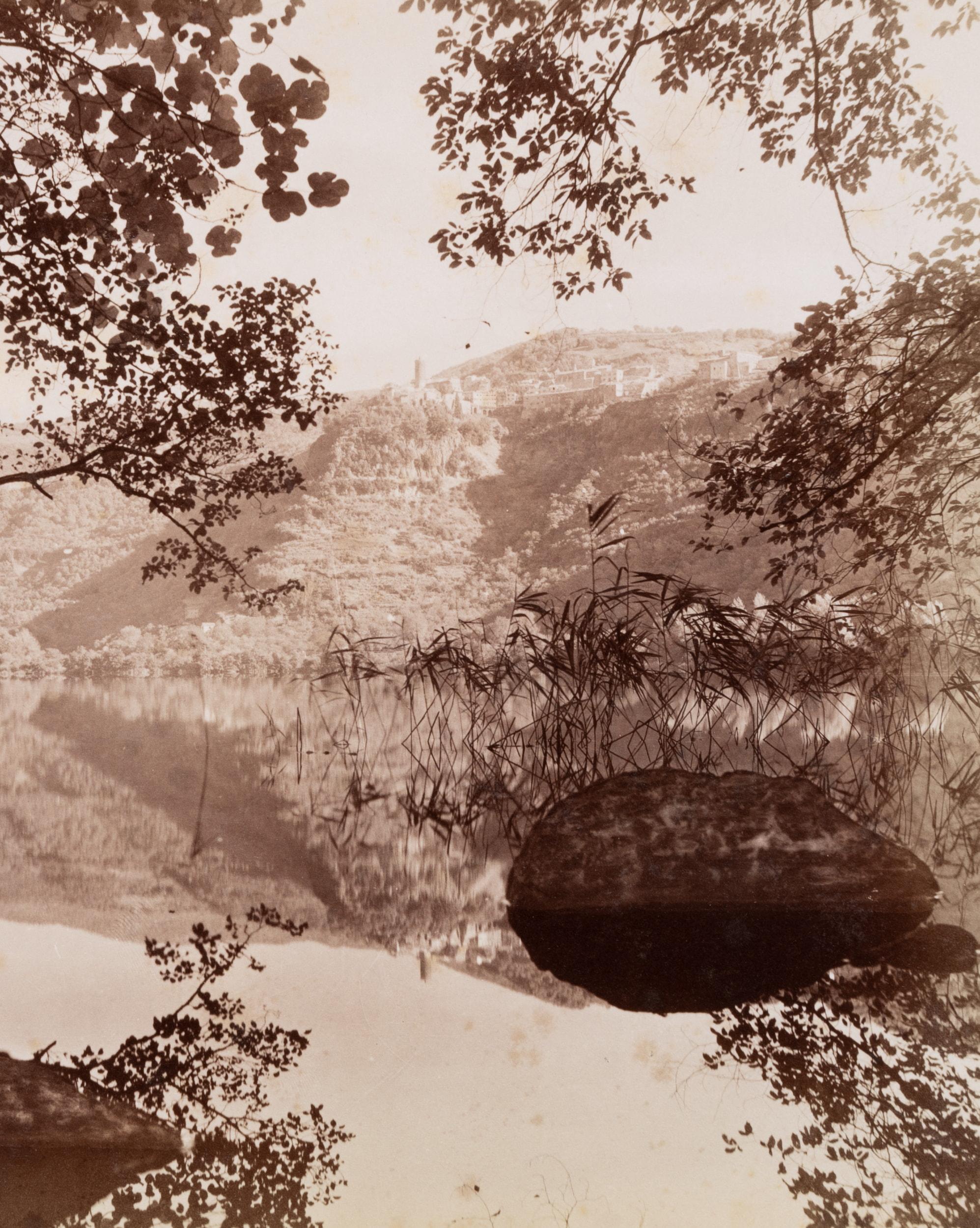 Domenico Anderson (1854 Rom - 1938 ibid.): View of Lake Nemi with view obscured by branches, leaves and reeds, Alban Hills, Vulcano Laziale, c. 1880, albumen paper print

Technique: albumen paper print, mounted on Cardboard

Inscription: Lower