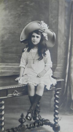 Large Antique Portrait Photograph Girl Bench Signed Ch Petit c1912 French