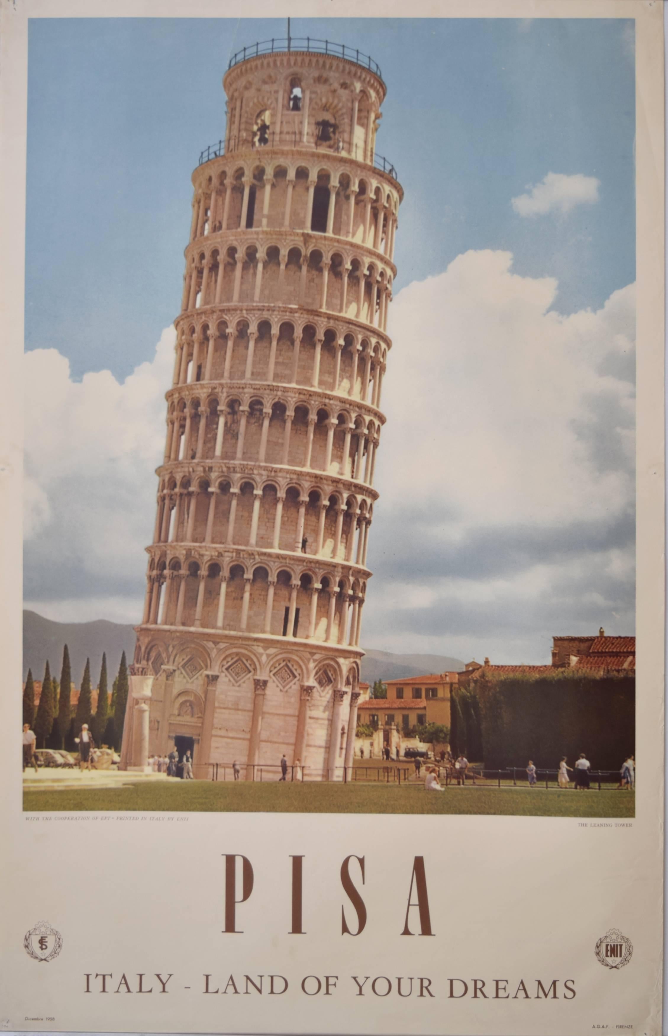 Unknown Landscape Photograph - Leaning Tower of Pisa: Italy original vintage poster 1958 - Land of Your Dreams