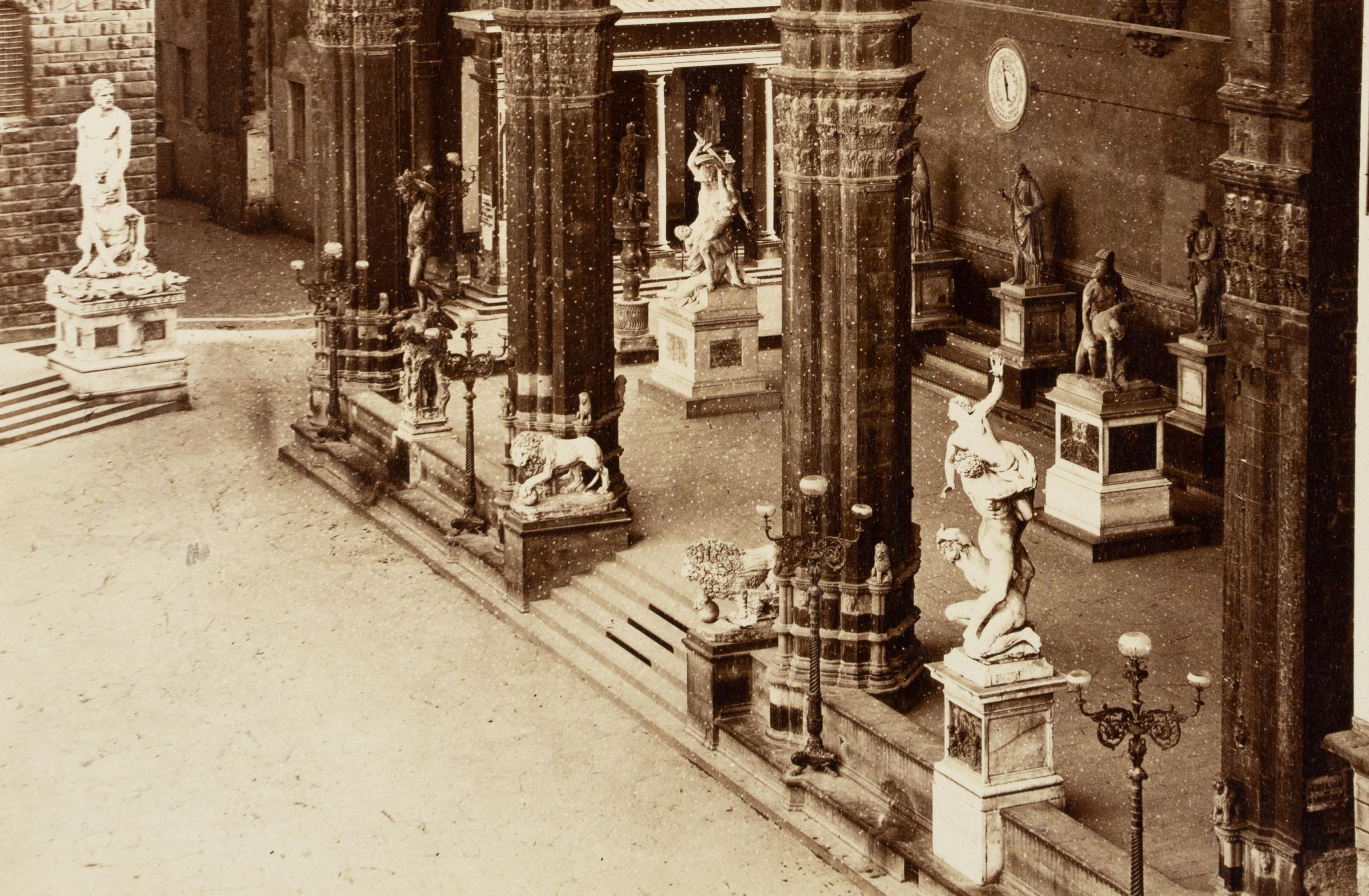 Fratelli Alinari (19th century) Circle: View from the window onto the Loggia dei Lanzi, Florence, Italy, c. 1880, albumen paper print

Technique: albumen paper print, mounted on Cardboard

Inscription: At the lower part inscribed on the support: