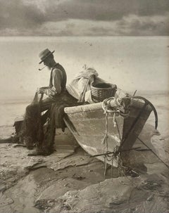 Antique Man Smoking Pipe After Fishing