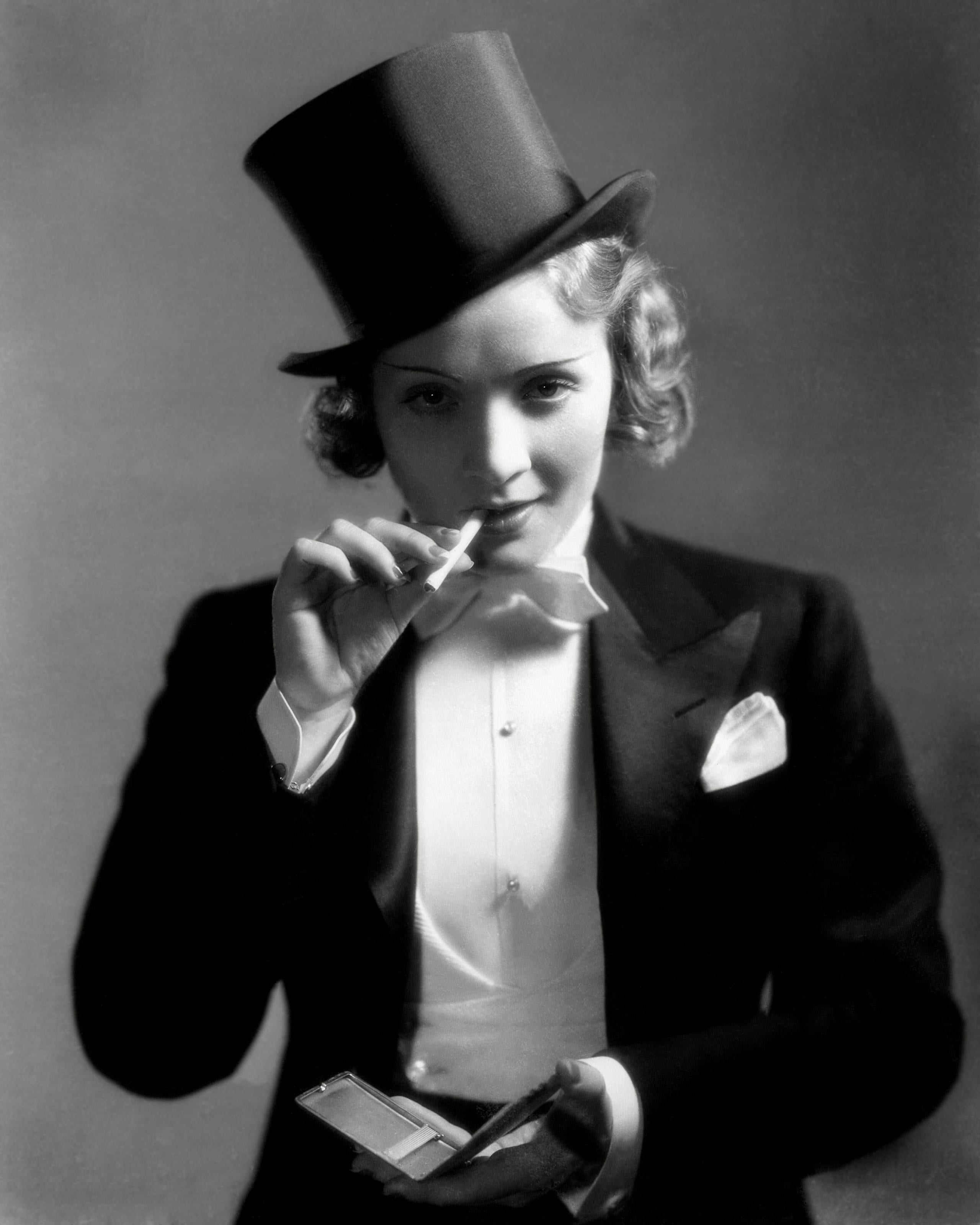 Unknown Black and White Photograph – Marlene Dietrich in Suit for "Morocco" Globe Photos Fine Art Print