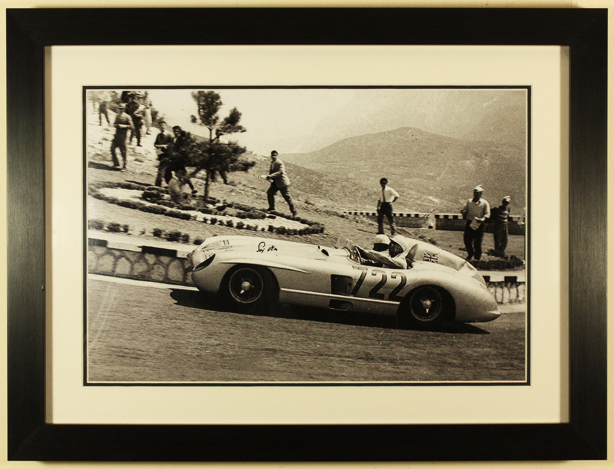 Unknown Black and White Photograph - Mercedes Benz 300SLR, No 722, Mille Miglia 1955 signed by Stirling Moss