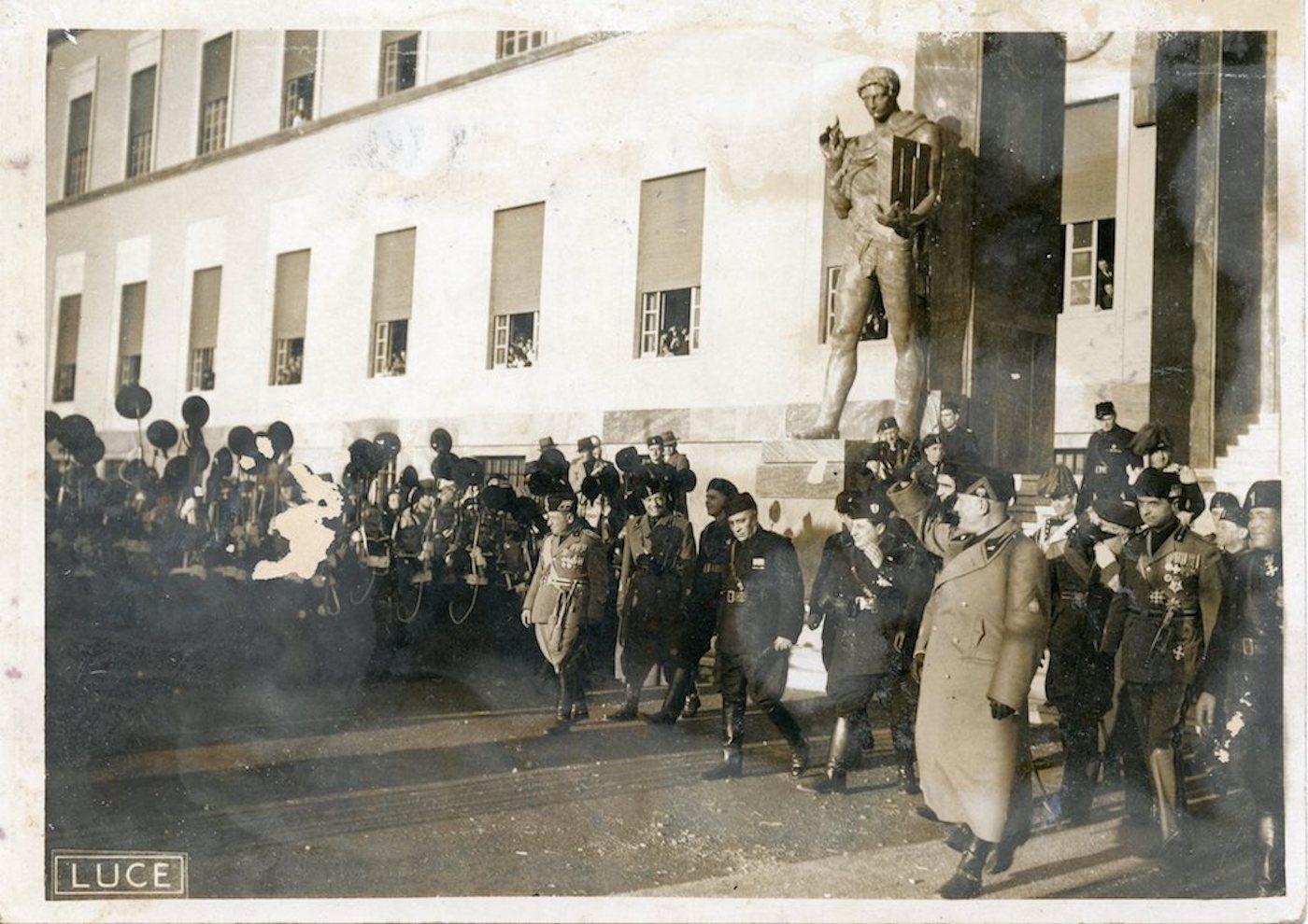 Unknown Black and White Photograph - Mussolini With Officials Celebrating the Opening of Convitto IV Novembre - 1930s