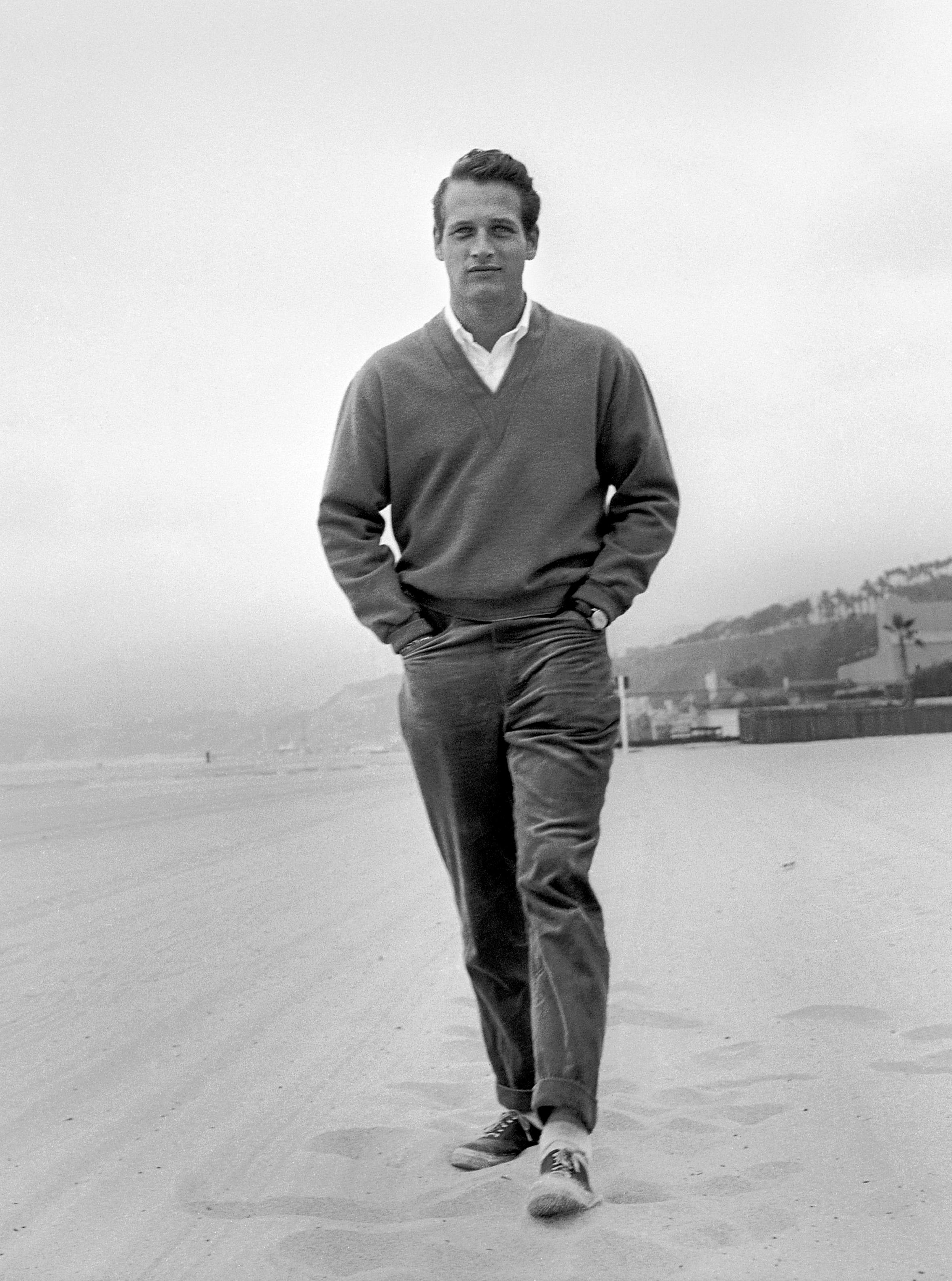 Unknown Black and White Photograph - Paul Newman Walking on the Beach Globe Photos Fine Art Print