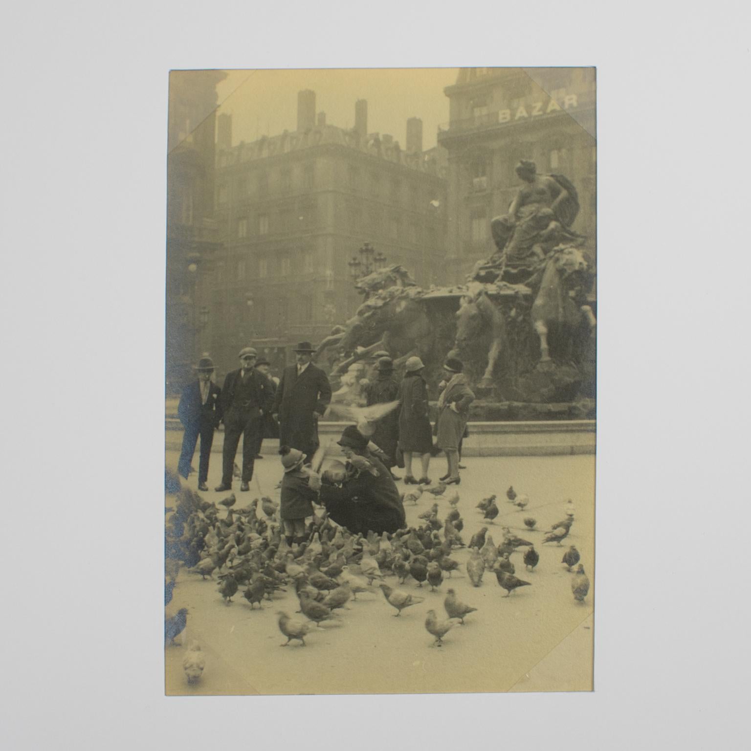 Pigeons feeding in Lyon France 1927, Silver Gelatin Black and White Photography For Sale 1