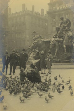 Pigeons feeding in Lyon France 1927, Silver Gelatin Black and White Photography
