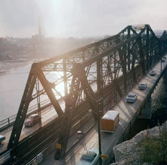 Vintage Pont Jayques Cartier bridge over St. Lawrence River at Montreal, Canada 1962.