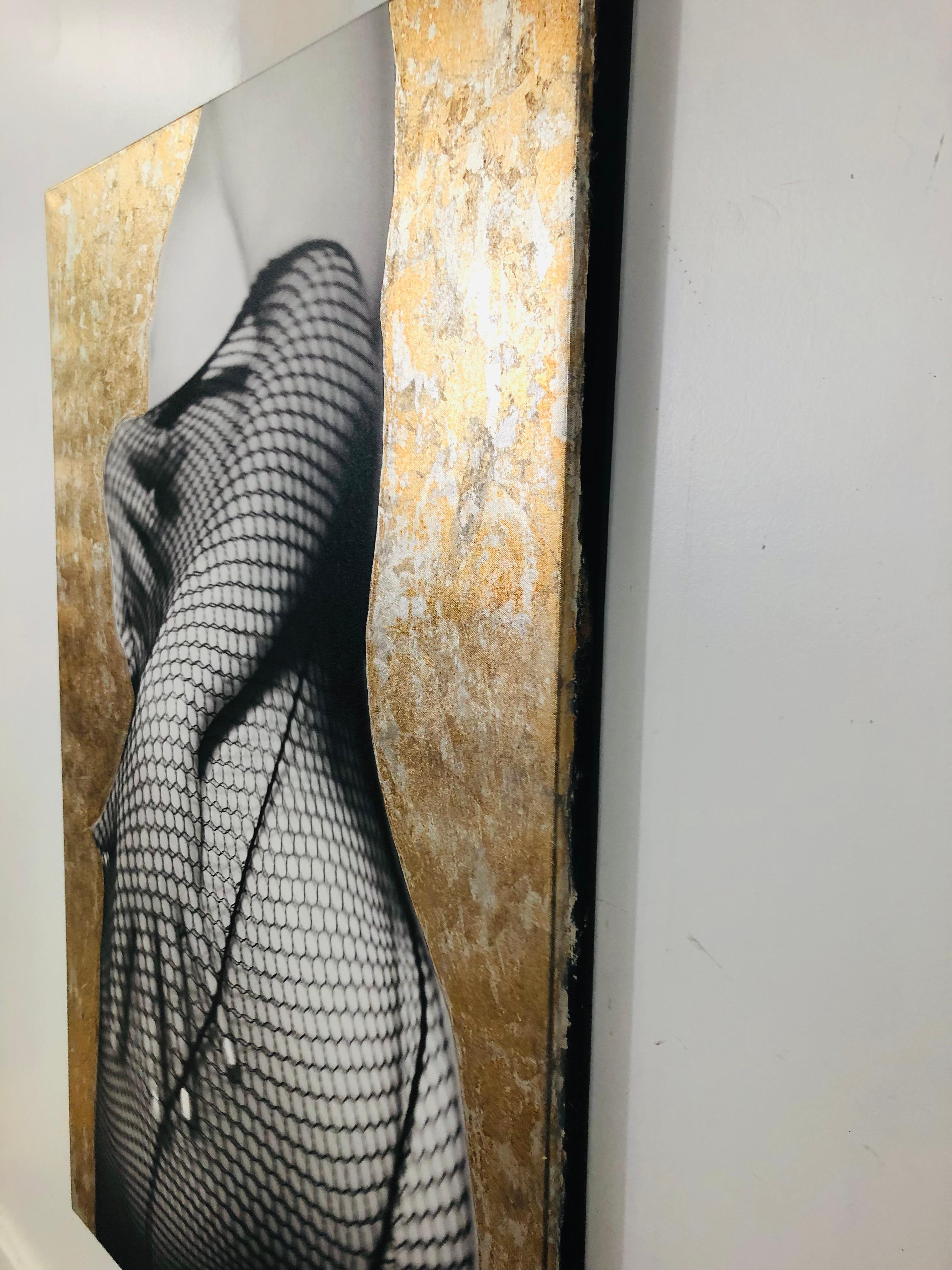 A sensual pop art surrealist mixed media paint and photography on canvas by Luciana Pampalone ( American, 1963). The large mixed media depicts a photography of a woman 's hips in sexy fishnet stocking The photography background is hand painted in 18