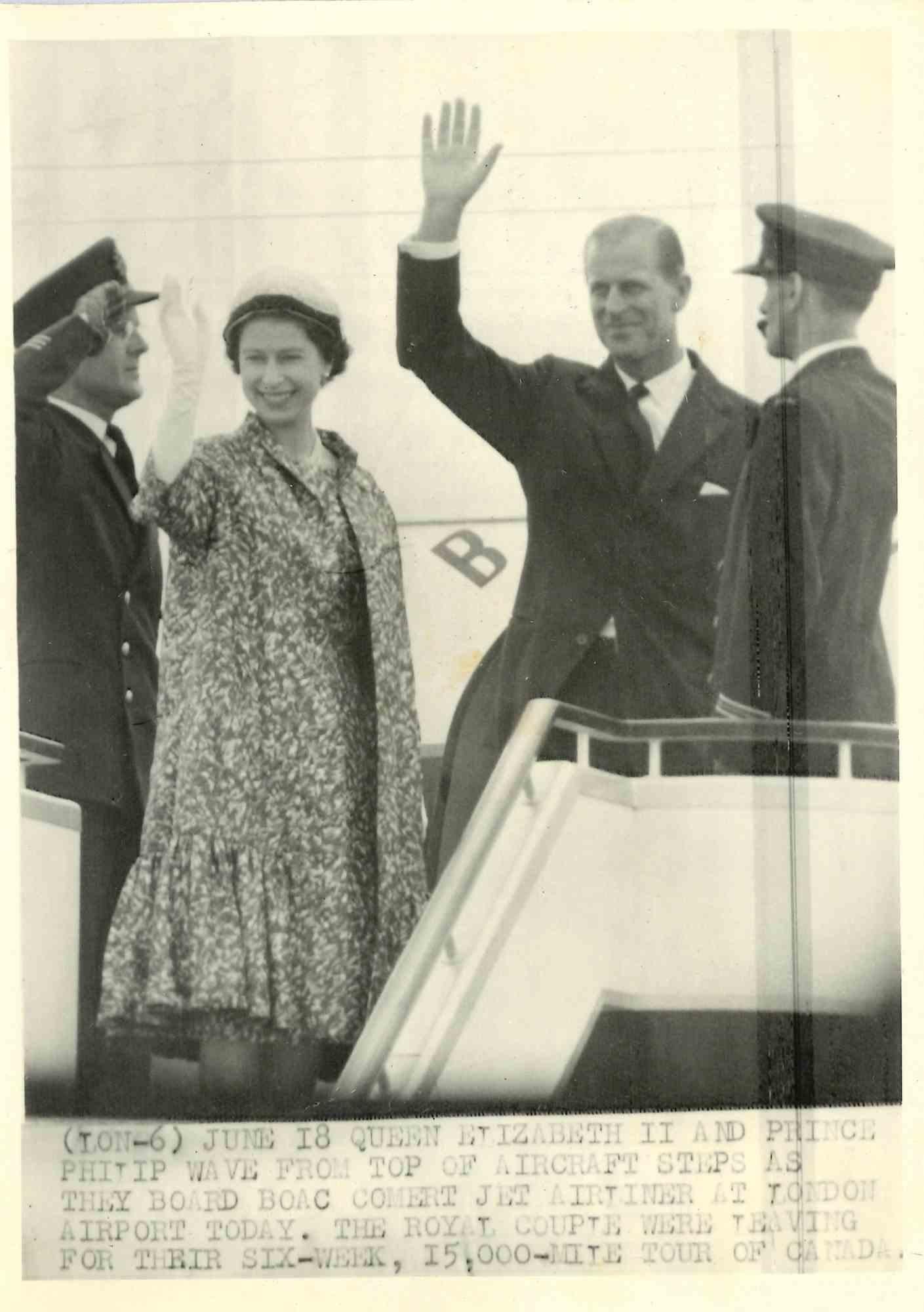Unknown Figurative Photograph - Queen Elizabeth and Prince Philip Wave from Top of Aircraft-Vintage Photo- 1950s