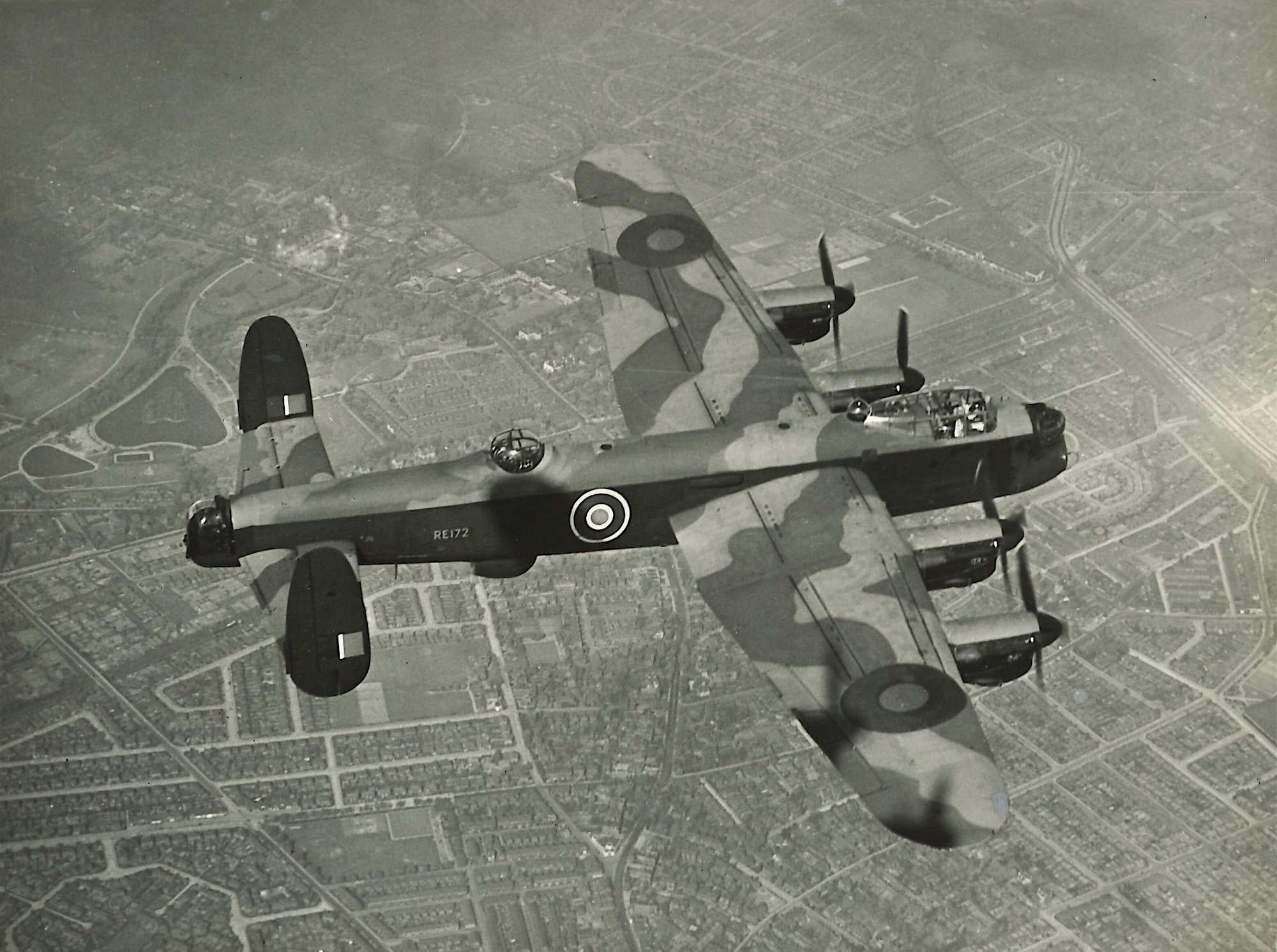 Unknown Black and White Photograph - RAF Avro Lancaster Bomber photograph from A V Roe Mk III RE172 flying