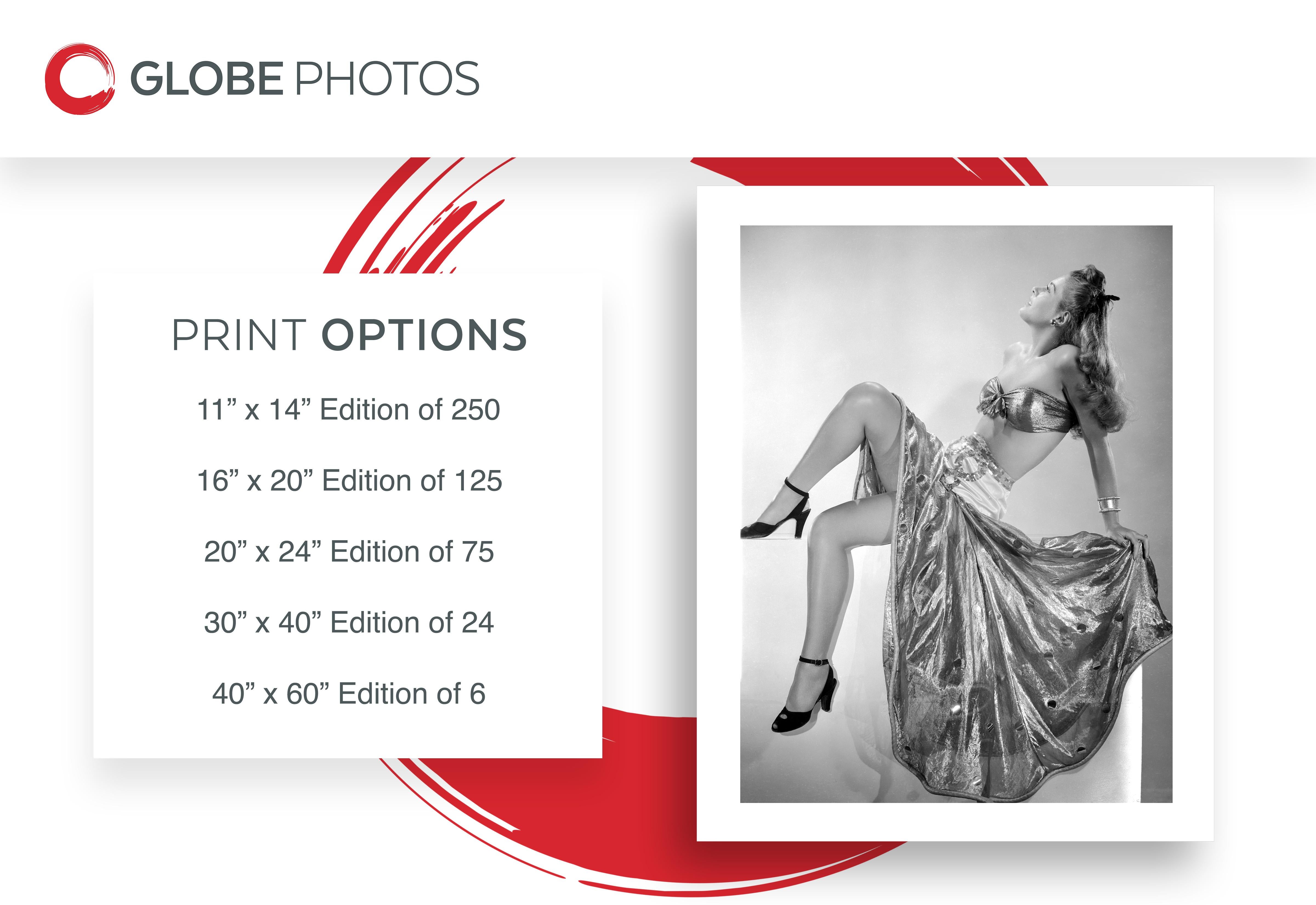 This stunning black and white portrait features the glamorous Ramsay Ames in a gorgeous pinup studio portrait, posed in a metallic top and skirt. Ramsay Ames was a leading 1940s American B movie actress, model, dancer, pin-up girl, and television