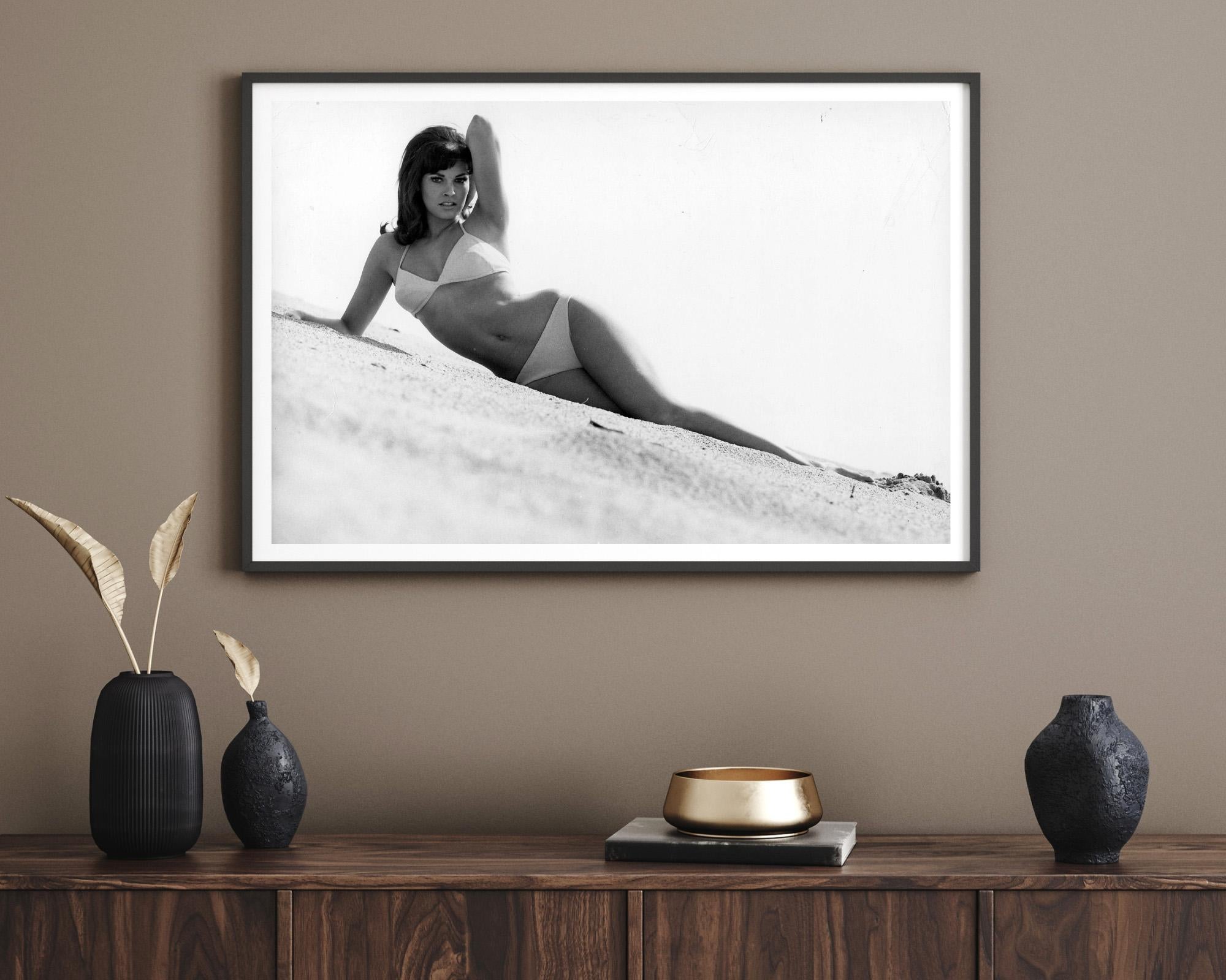 Raquel Welch beim Sonnenbaden (Grau), Black and White Photograph, von Unknown