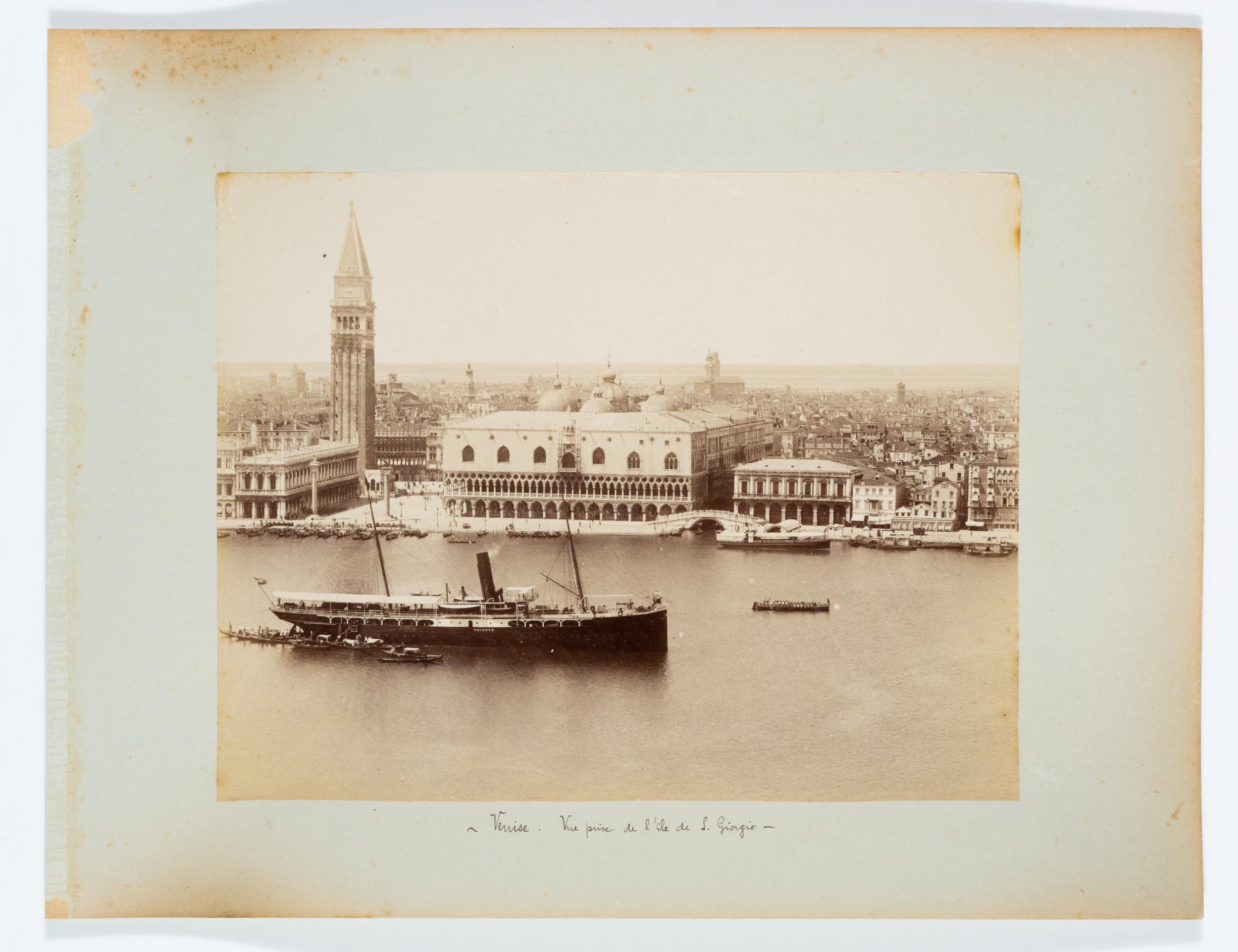 Carlo Naya (1816 Tronzano Vercellese - 1882 Venice) Circle: Bird's eye view of the San Marco district with Doge's Palace and St Mark's Tower as well as large and small ships on the water, Venice, c. 1880, albumen paper print

Technique: albumen