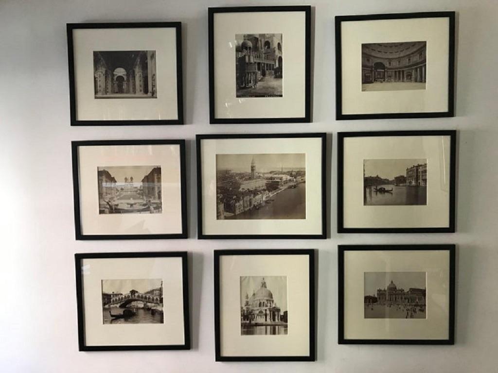 Neun Schwarz-Weiß-Fotografien aus dem frühen 20. Jahrhundert von Venedig und Rom. Gerahmter Satz von neun Fotografien, die berühmte Sehenswürdigkeiten in Venedig und Rom zeigen, darunter Santa Maria Della Salute, San MarCo, den Rialto, den