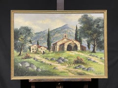 OLIO VINTAGE IMPRESSIONISTA FRANCESE FIRMATO - PAESAGGIO PROVENZALE CON VECCHIA CHIESA