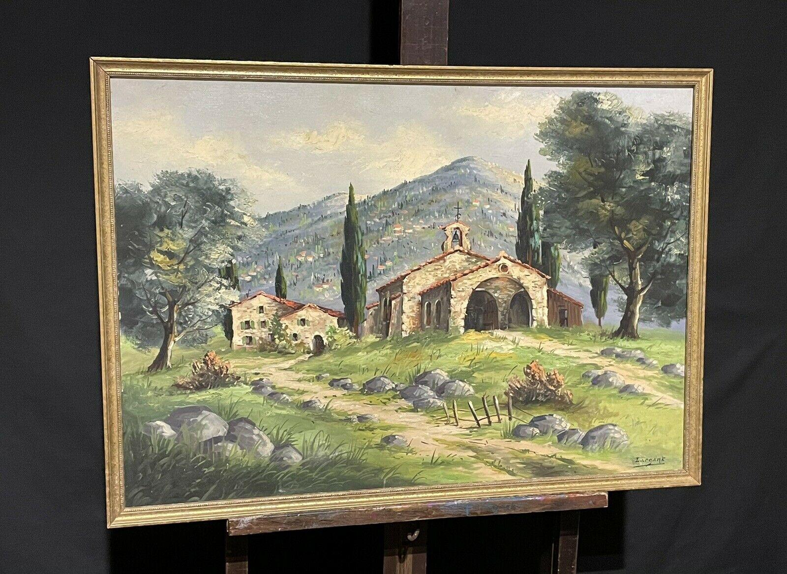 SIGNED FRENCH IMPRESSIONIST VINTAGE OIL - PROVENIENTES LANDSCAPE MIT OLD CHURCH (Impressionismus), Photograph, von Unknown