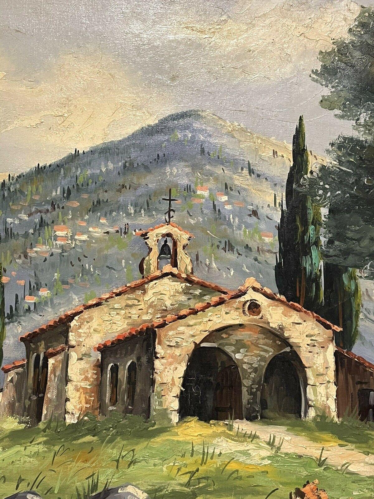 Artist/ School: French School, mid 20th century, indistinctly signed

Title: Provencal Landscape

Medium: oil painting on canvas, framed

Size:  painting: 25 x 36.25 inches,  frame: 27 x 37.75 inches

Provenance: private collection,