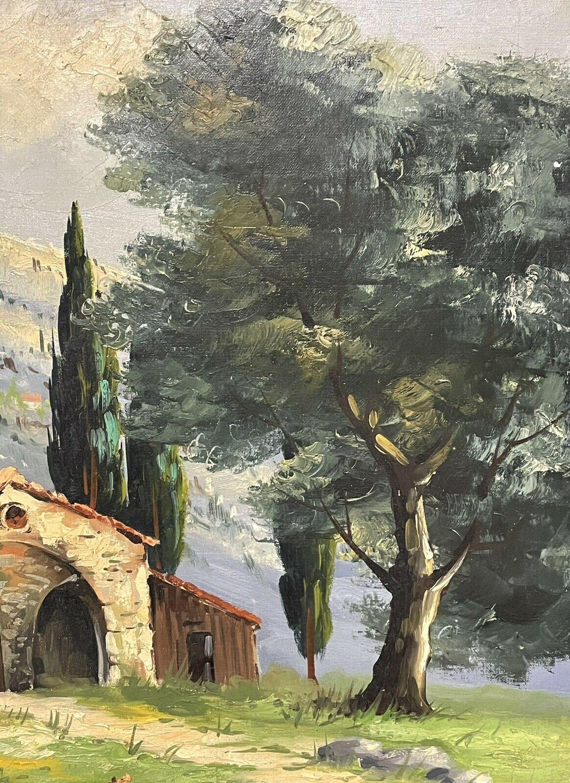 SIGNED FRENCH IMPRESSIONIST VINTAGE OIL - PROVENCAL LANDSCAPE WITH OLD CHURCH For Sale 1
