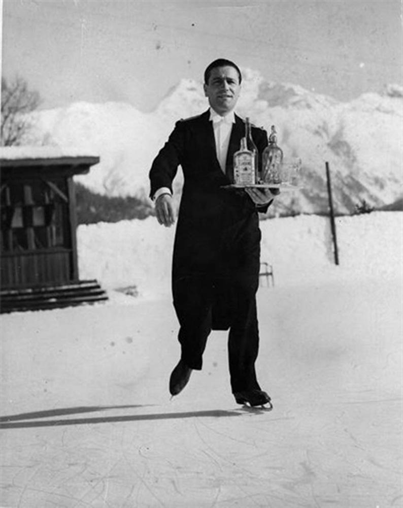 Unknown Portrait Photograph - Skating Waiter - 20th Century, Photography, Skiing, Winter, Sports
