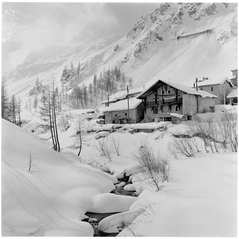 Unknown Black and White Photograph - Ski Chalet (1950) Silver Gelatin Fibre Print - Oversized 