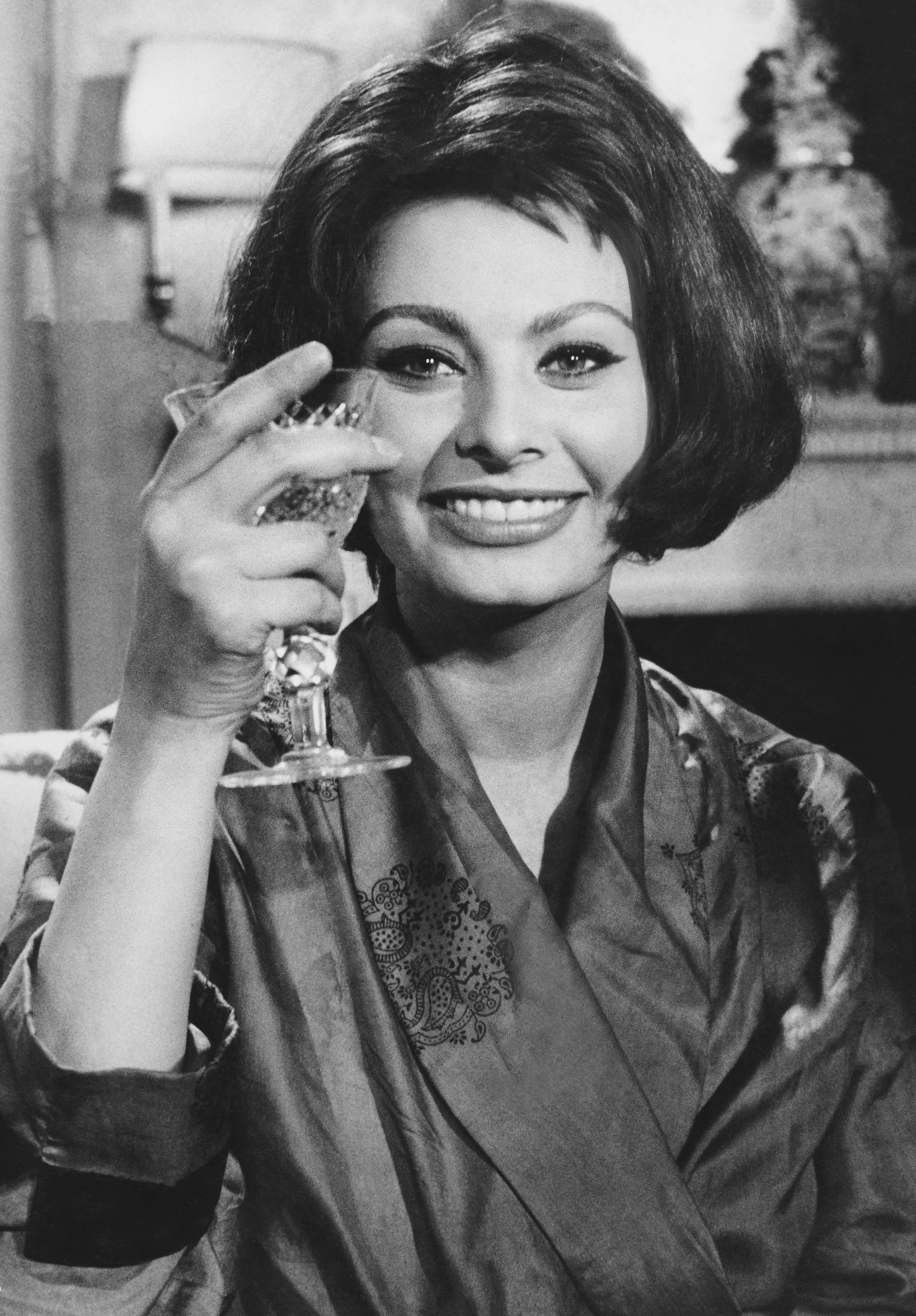 Unknown Black and White Photograph - Sophia Loren Toasting the Camera Globe Photos Fine Art Print