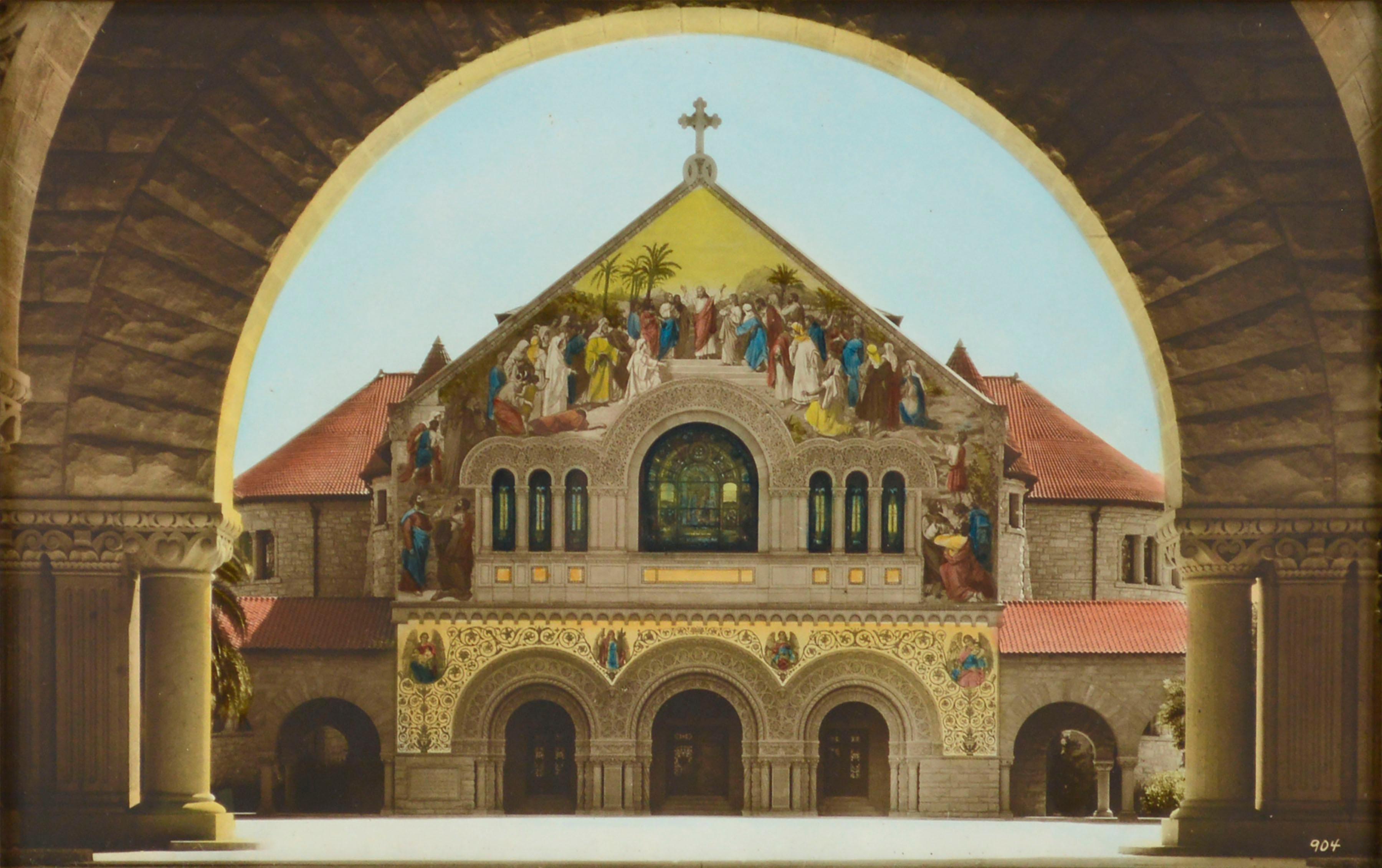 église commémorative de l'université de Stanford, photographie couleur des années 1930 teintée à la main - Photograph de Unknown