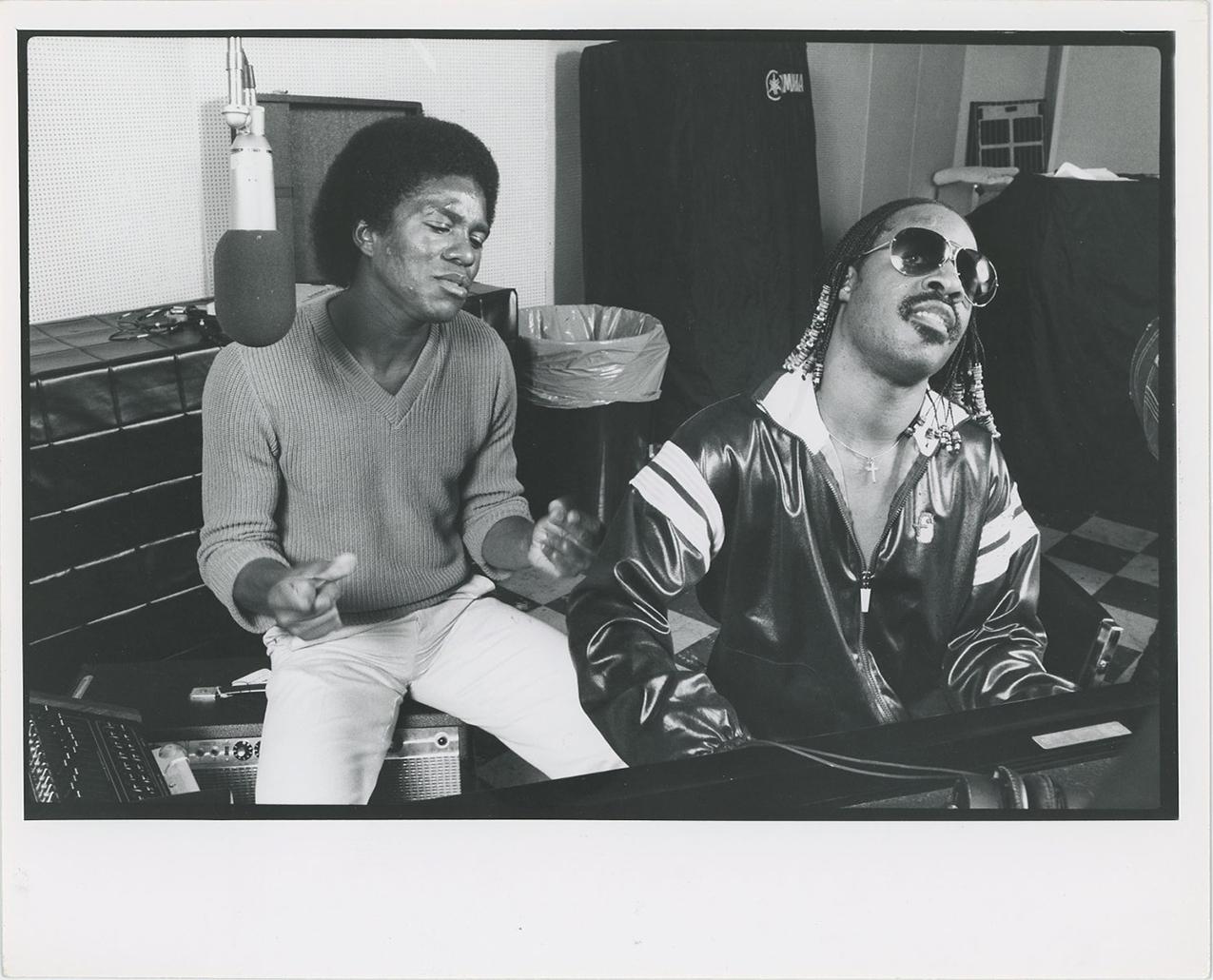 Unknown Black and White Photograph - Stevie Wonder and Jermaine Jackson in the Studio Together in 1980
