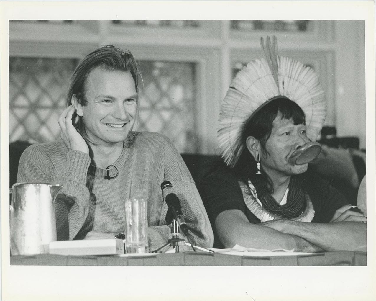 Unknown Black and White Photograph - Sting with Brazil's Amazon Chief Raoni Metuktire