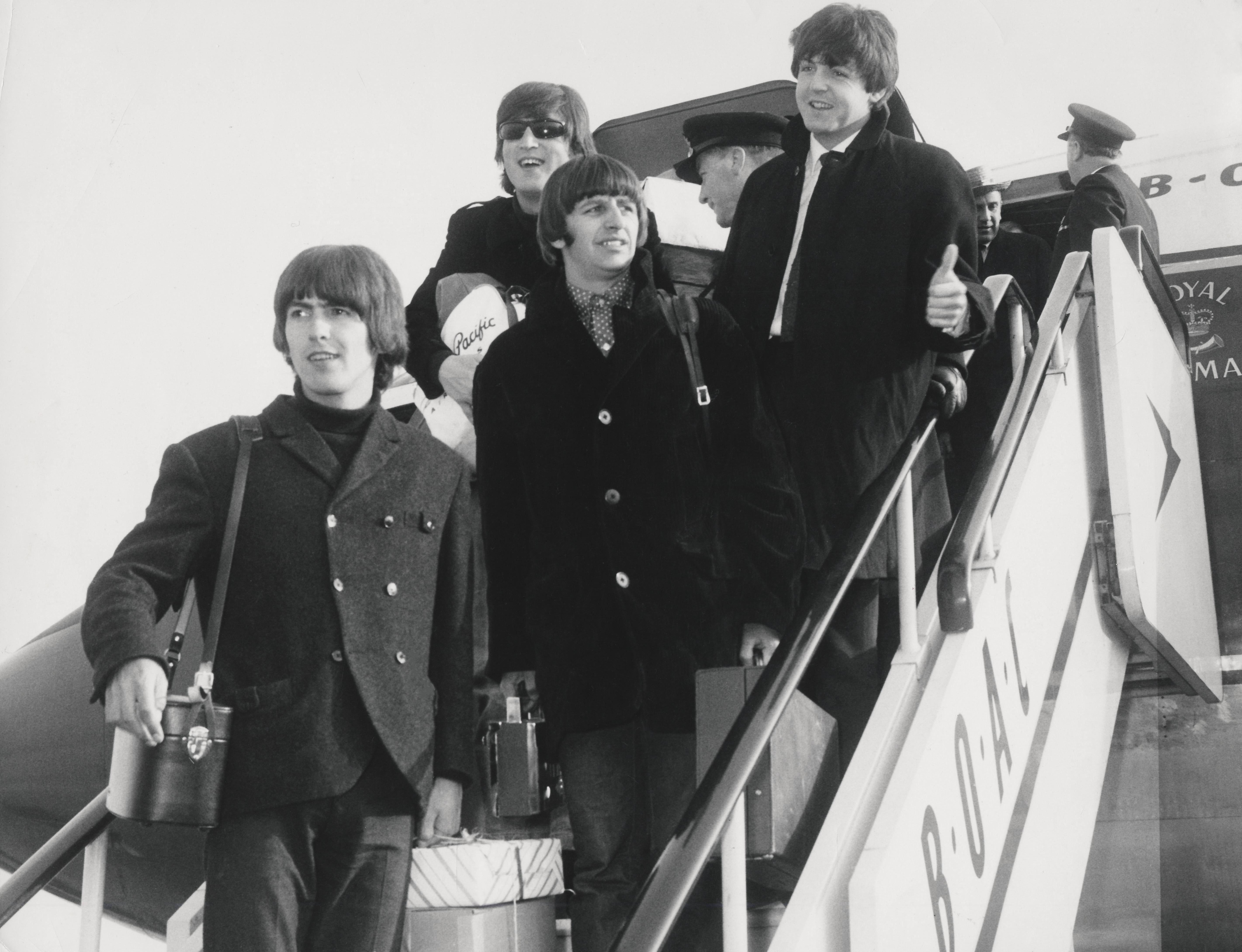 Unknown Black and White Photograph - The Beatles Departing from Plane Fine Art Print