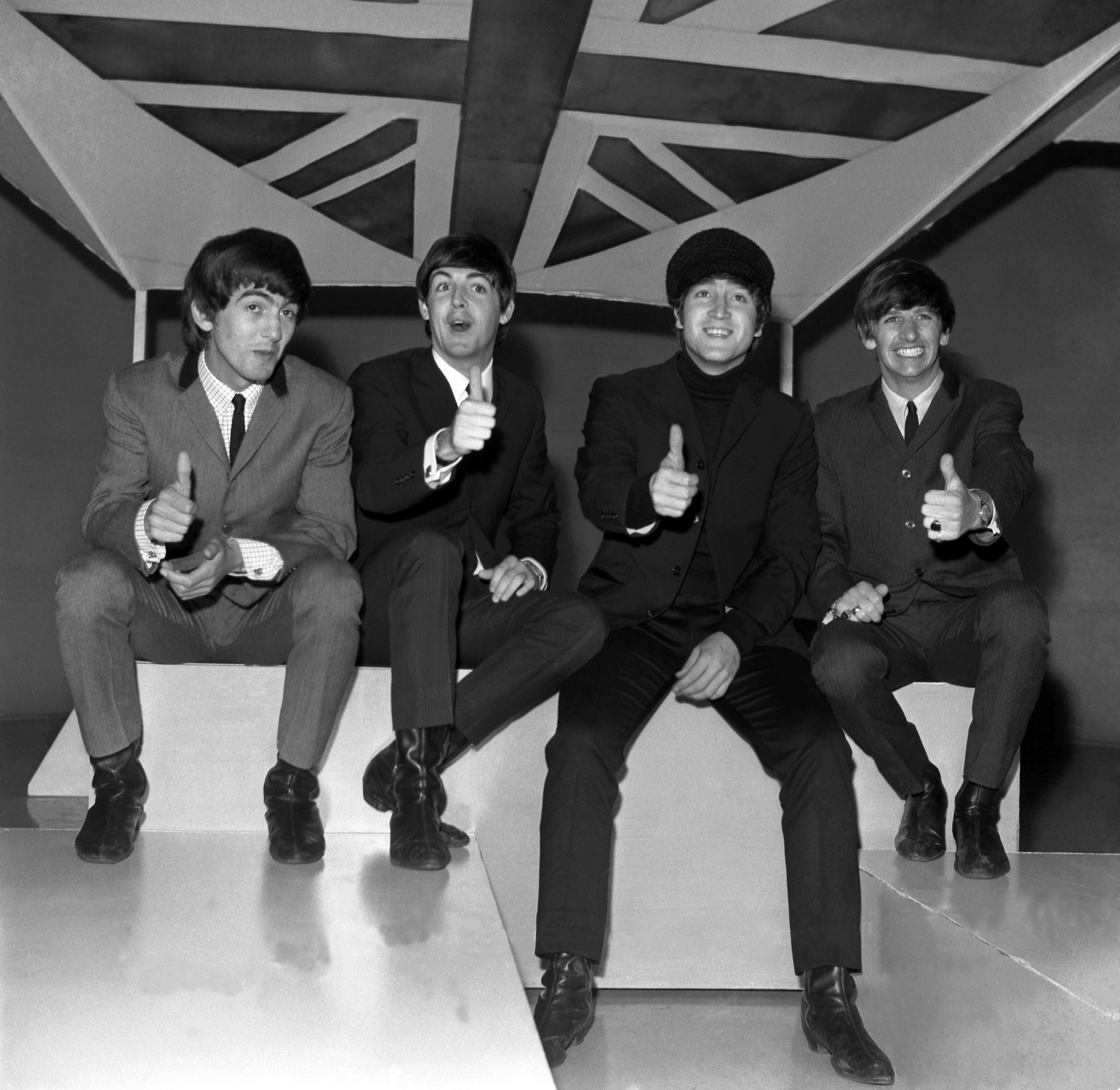 Unknown Black and White Photograph - The Beatles Smiling with Thumbs Up Globe Photos Fine Art Print