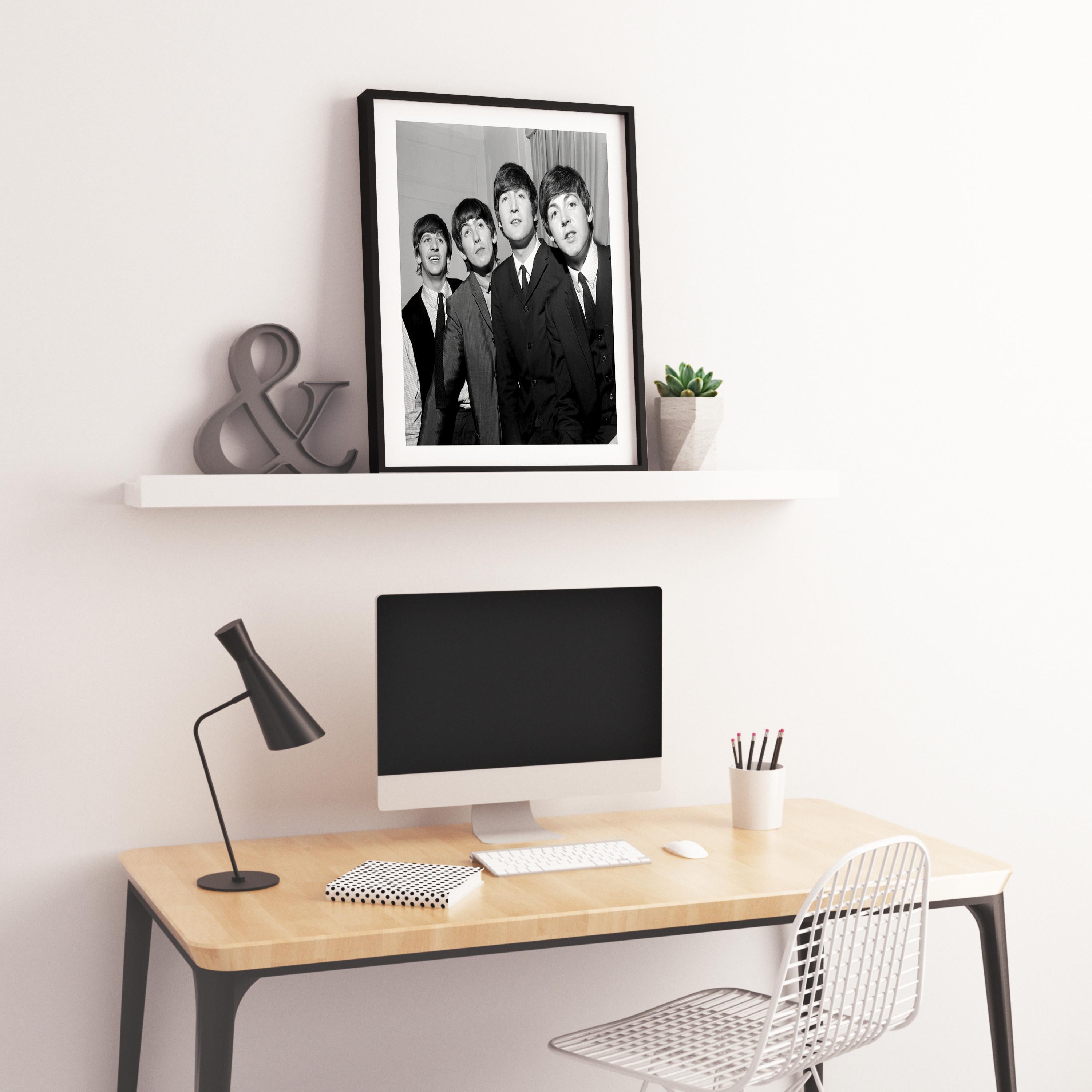 The Beatles: Young and Smiling Globe Photos Fine Art Print - Black Portrait Photograph by Unknown