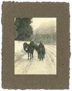 Antique The Old Days - Woman on the Snowy Road - Early 20th Century