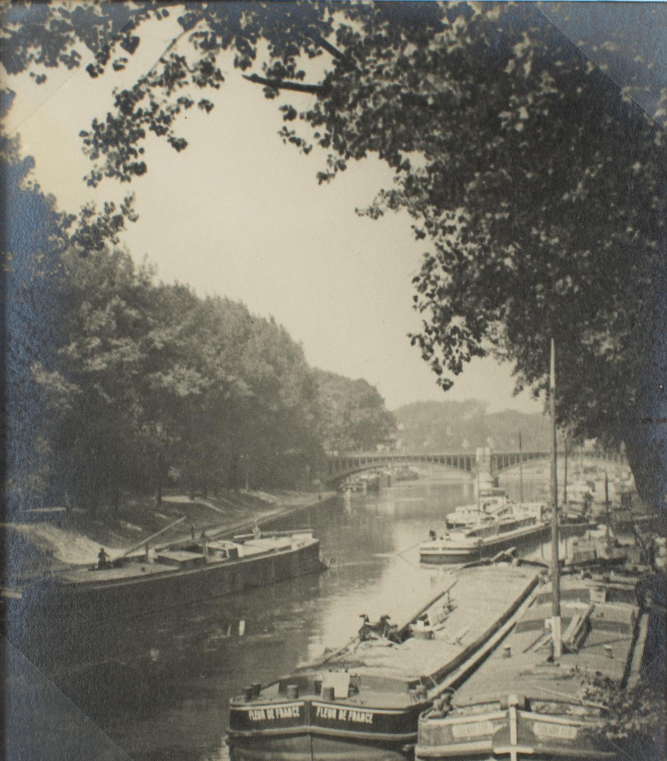 The Seine and Barges near Paris in 1926, Silver Gelatin B and W Photography