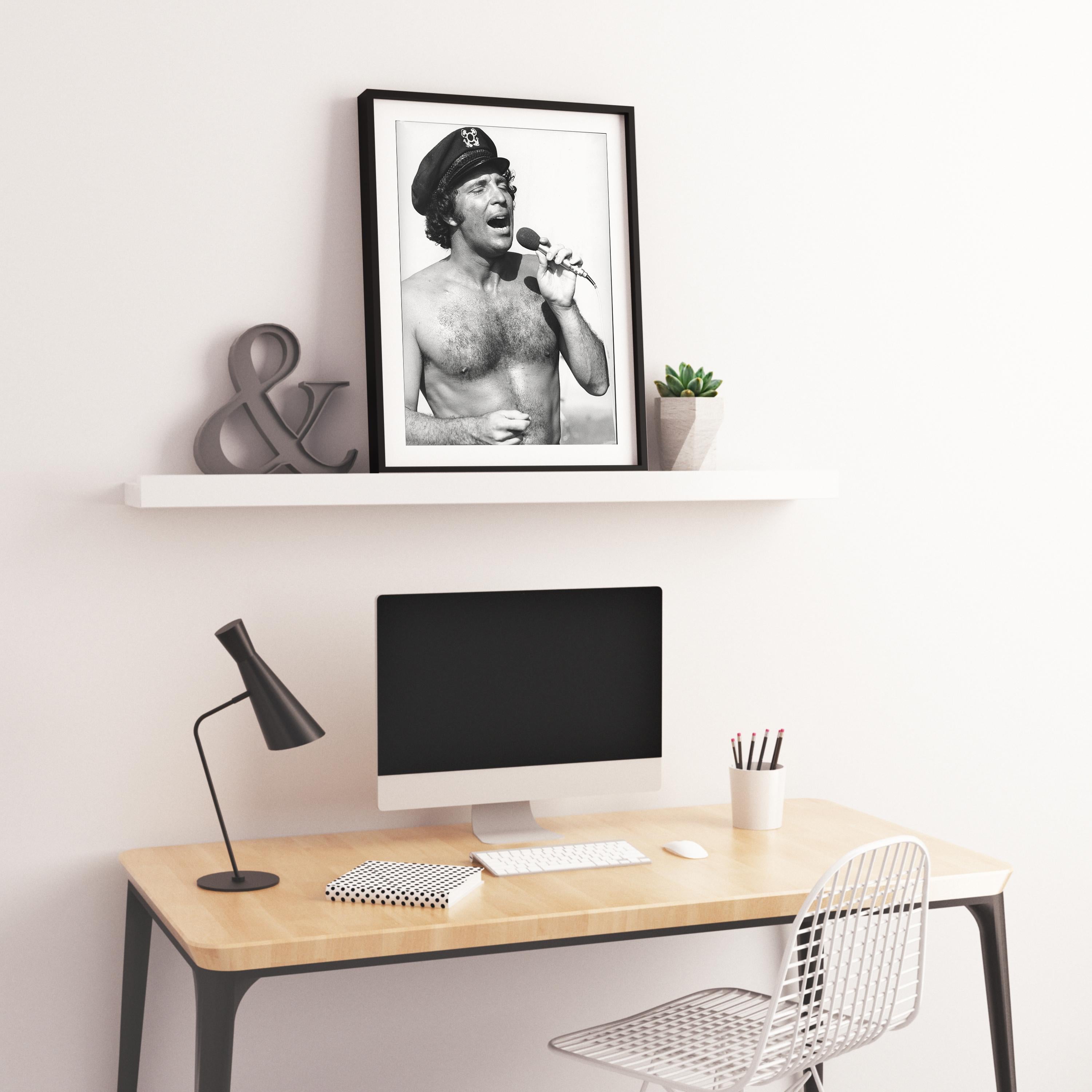 Tom Jones Singing Shirtless Fine Art Print - Gray Black and White Photograph by Unknown