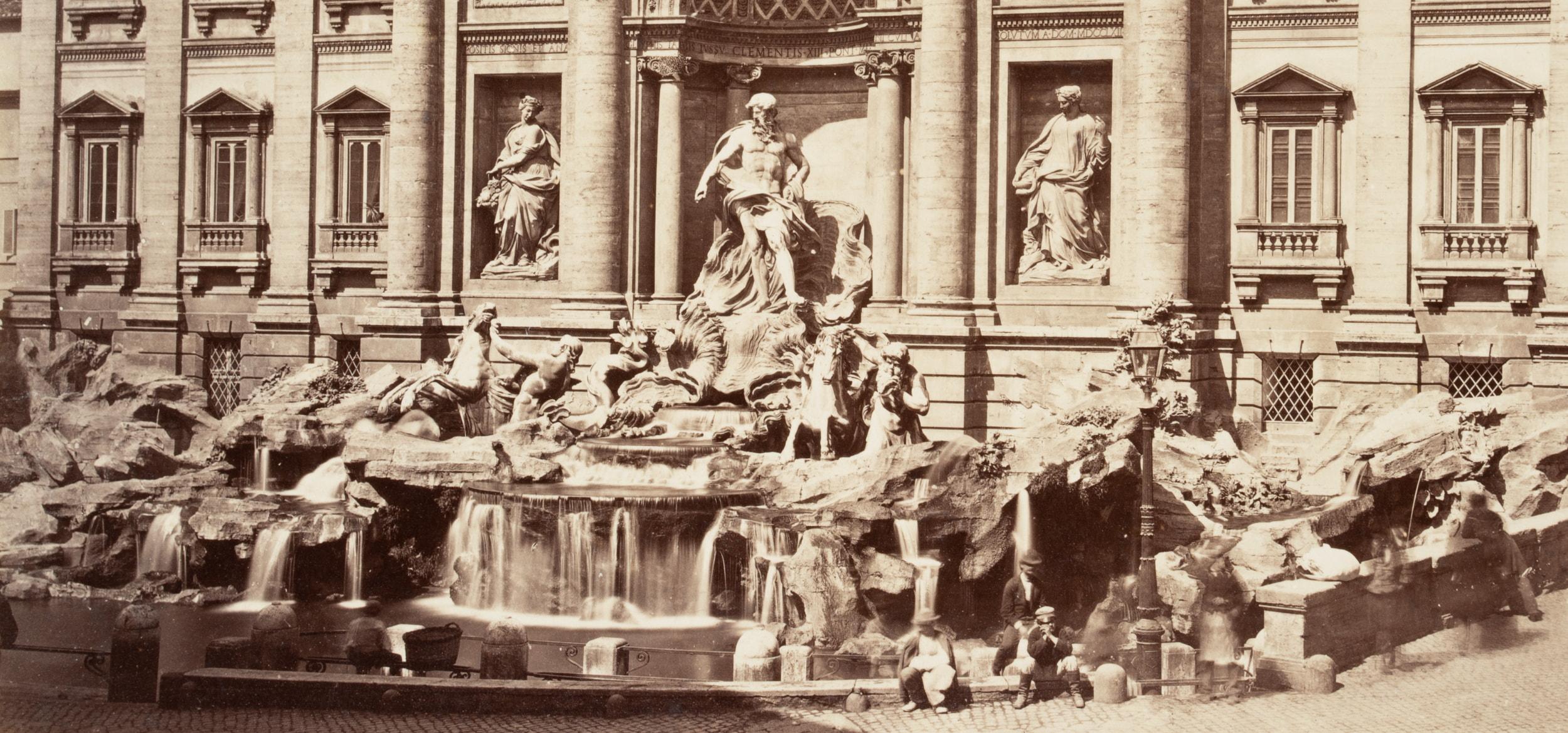 Fratelli Alinari (19th century): Rome, The Trevi Fountain by Nicola Salvi, Early Travel Photography, c. 1880, albumen paper print

Technique: albumen paper print, mounted on Cardboard

Stamp: Lower right Blank stamp, Fratelli Alinari. Florence. 19th