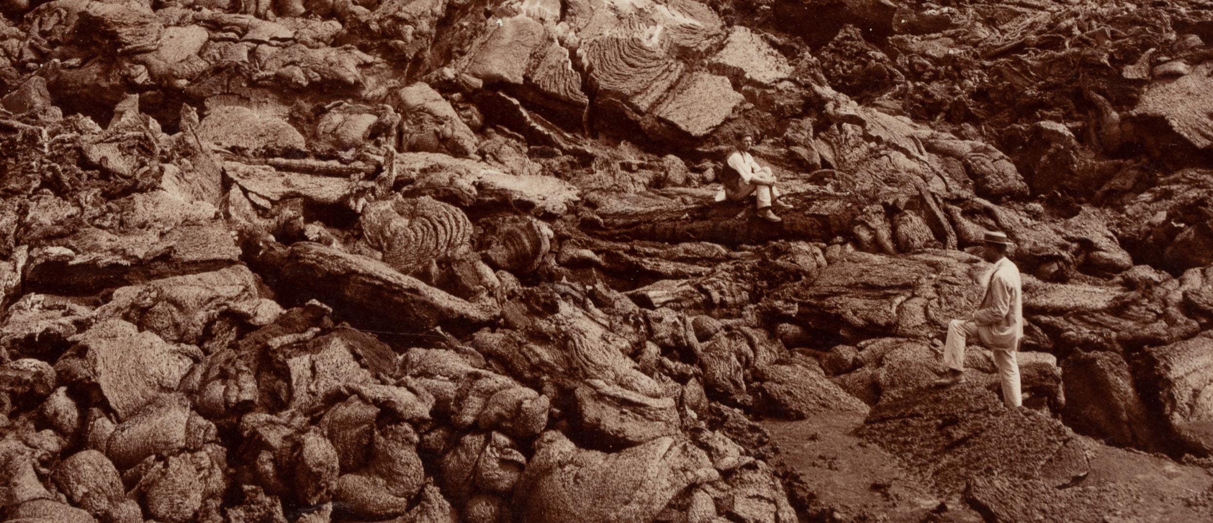 Fratelli Alinari (19th century): Wide lava rock landscape with posing person Vesuvius, Campania, c. 1880, albumen paper print

Technique: albumen paper print

Inscription: Lower middle signed in the printing plate: 