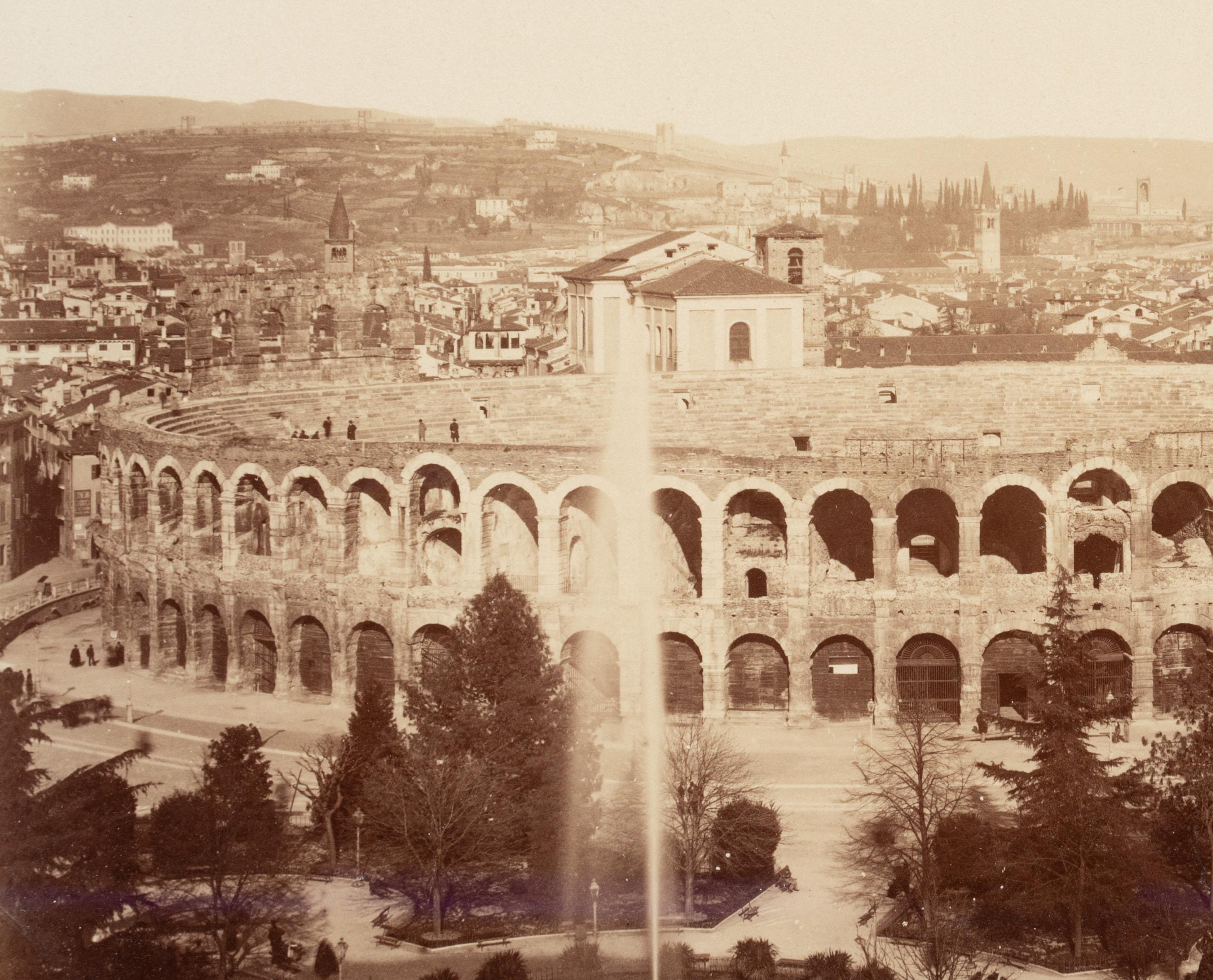 V. Florianello (19th century): View of the Arena of Verona from an elevated perspective Roman amphitheatre, c. 1880, albumen paper print

Technique: albumen paper print

Inscription: Lower right signed in the printing plate: 