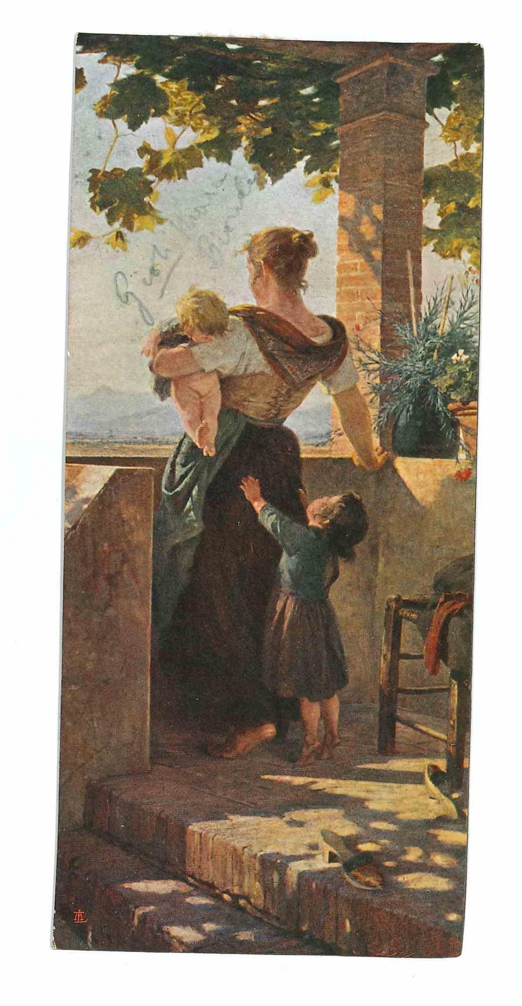 Unknown Portrait Photograph - Vintage Photo of Painting by F. Gioli - Mother and Children - Early 20th Century