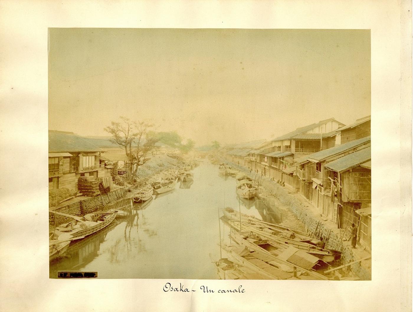 Unknown Black and White Photograph - Waterway in Osaka - Hand-Colored Albumen Print 1870/1890