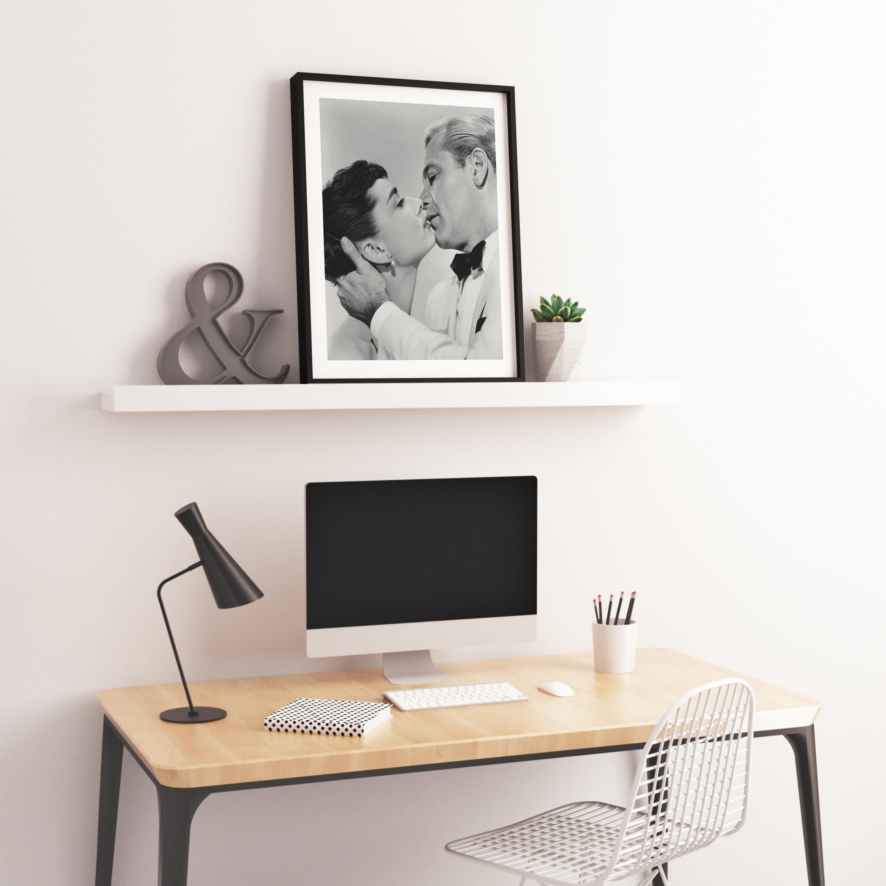 William Holden and Audrey Hepburn Iconic Kiss Fine Art Print - Gray Portrait Photograph by Unknown