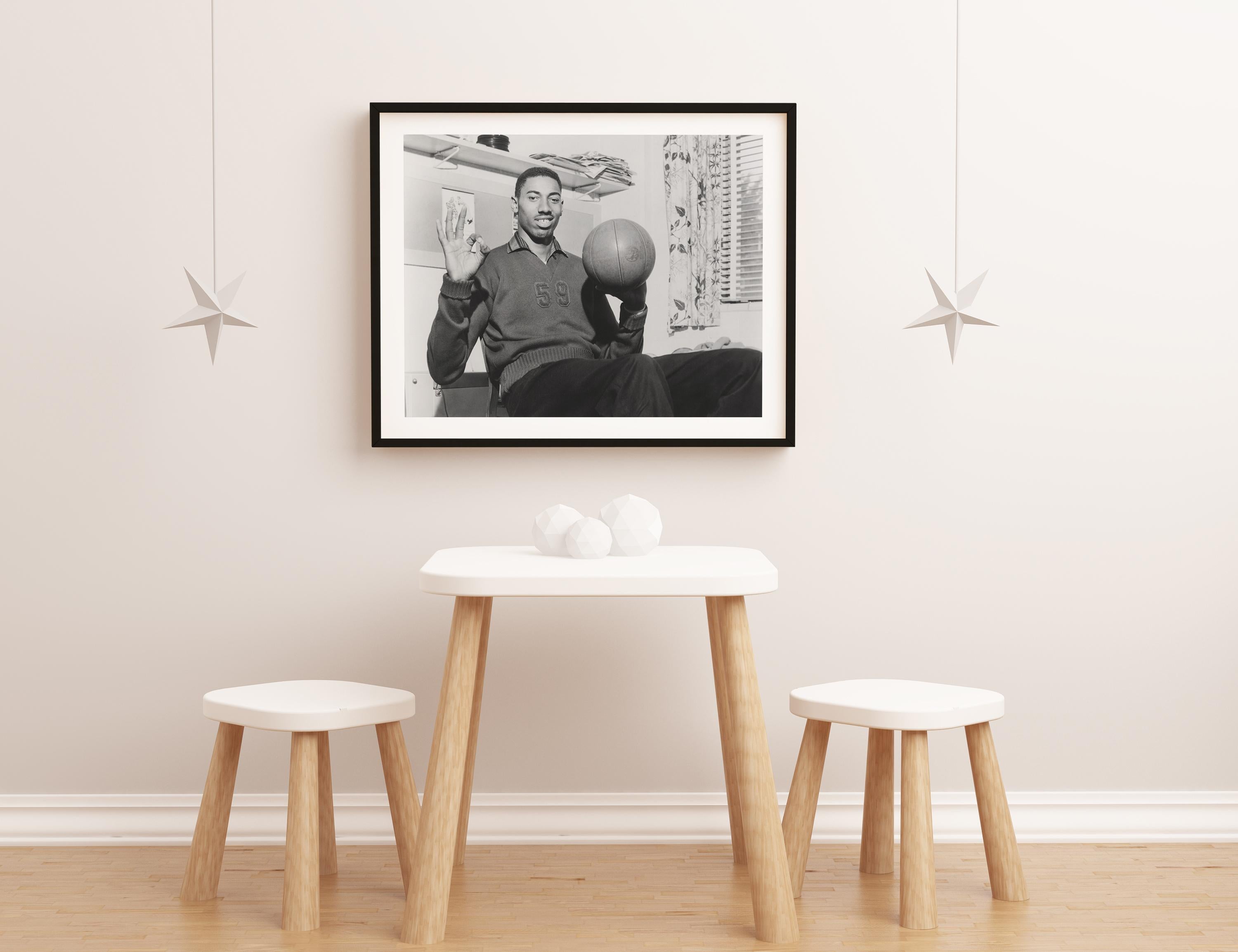 Wilt Chamberlain with Basketball Fine Art Print - Gray Portrait Photograph by Unknown
