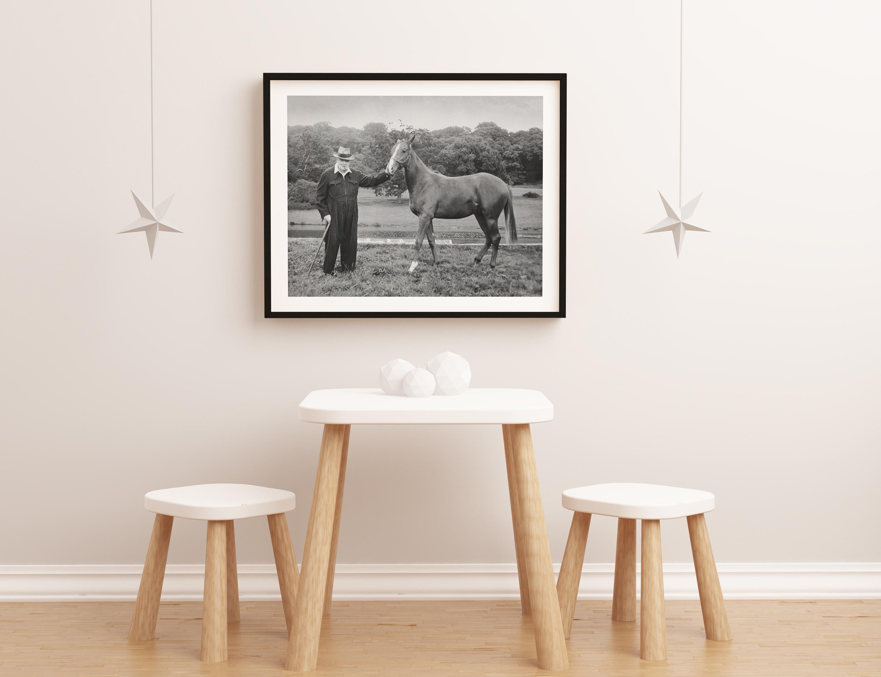 Winston Churchill with Horse Globe Photos Fine Art Print - Gray Portrait Photograph by Unknown