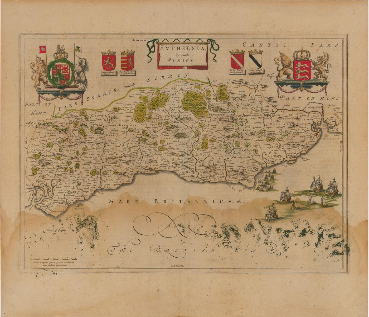 1648 Engraving - Johannes Blaeu's Map of Sussex - Print by Unknown